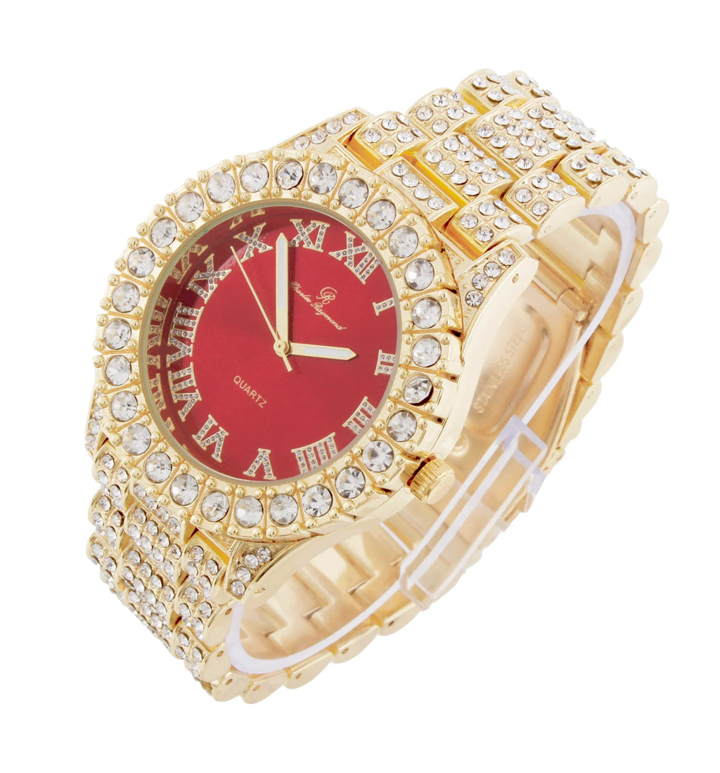 Charles Raymond Ice on Blast! Blinged Out Hip Hop Rolly Looks with Iced Out Wristwatch Trim and Band with Matching Zig Zag Bling'ed Out Necklace Sets - ZZ Necklace Sets - Gold - Red