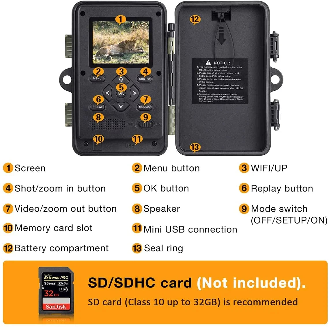 CAMPARK WiFi Trail Camera 30MP 1296P Bluetooth Hunting Game Camera with Infrared Night Vision Motion Activated Trail Camera with IP66 Waterproof for Wildlife Monitoring