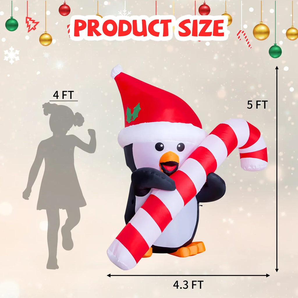 GOOSH 5ft Christmas Inflatables Outdoor Decorations, Blow Up Penguin with Candy Cane Inflatable Built-in LEDs for Christmas Indoor Outdoor Yard Lawn Garden Decorations