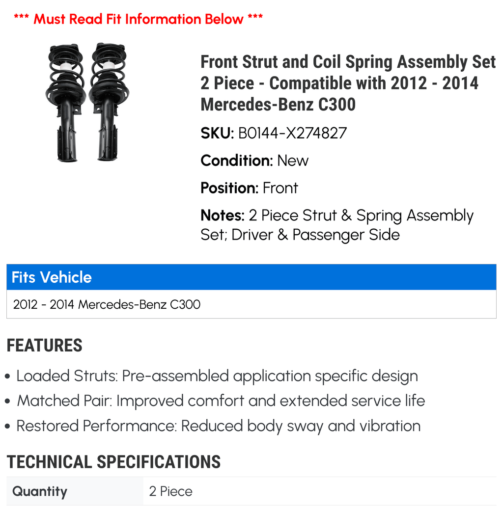 Front Strut and Coil Spring Assembly Set 2 Piece - Compatible with 2012 - 2014 Mercedes-Benz C300 2013