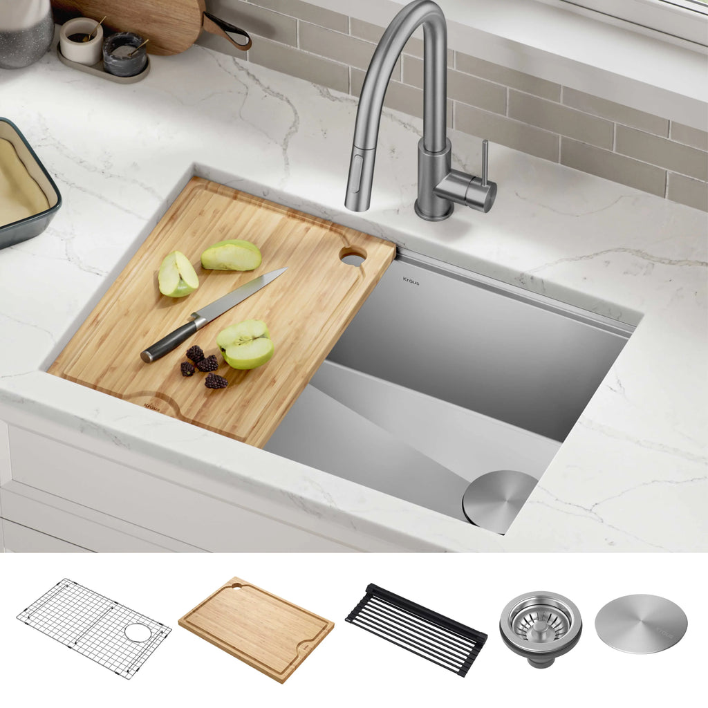Kraus Kore 28Undermount Workstation 16 Gauge Stainless Steel Single Bowl Kitchen Sink with Accessories