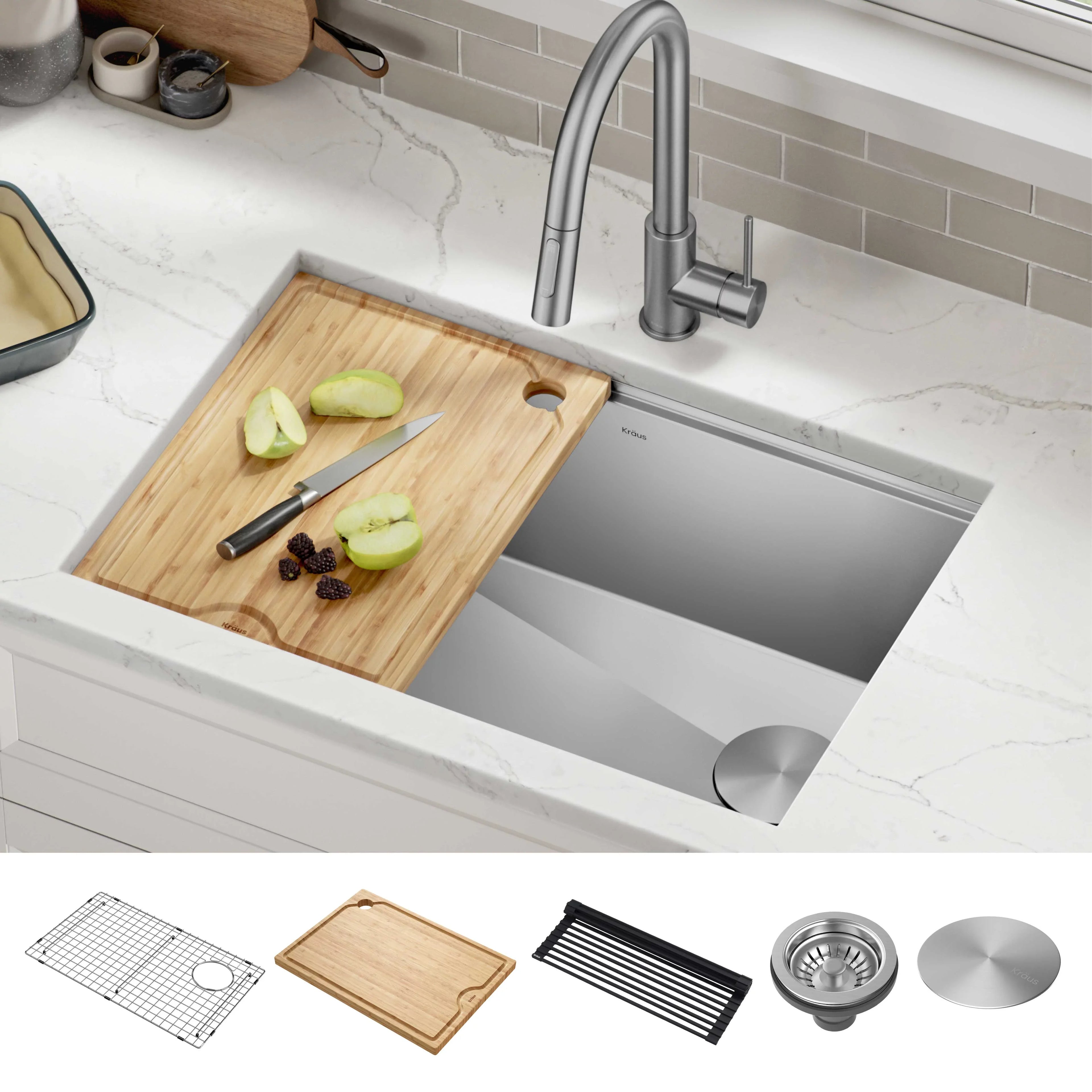 Kraus Kore 28Undermount Workstation 16 Gauge Stainless Steel Single Bowl Kitchen Sink with Accessories