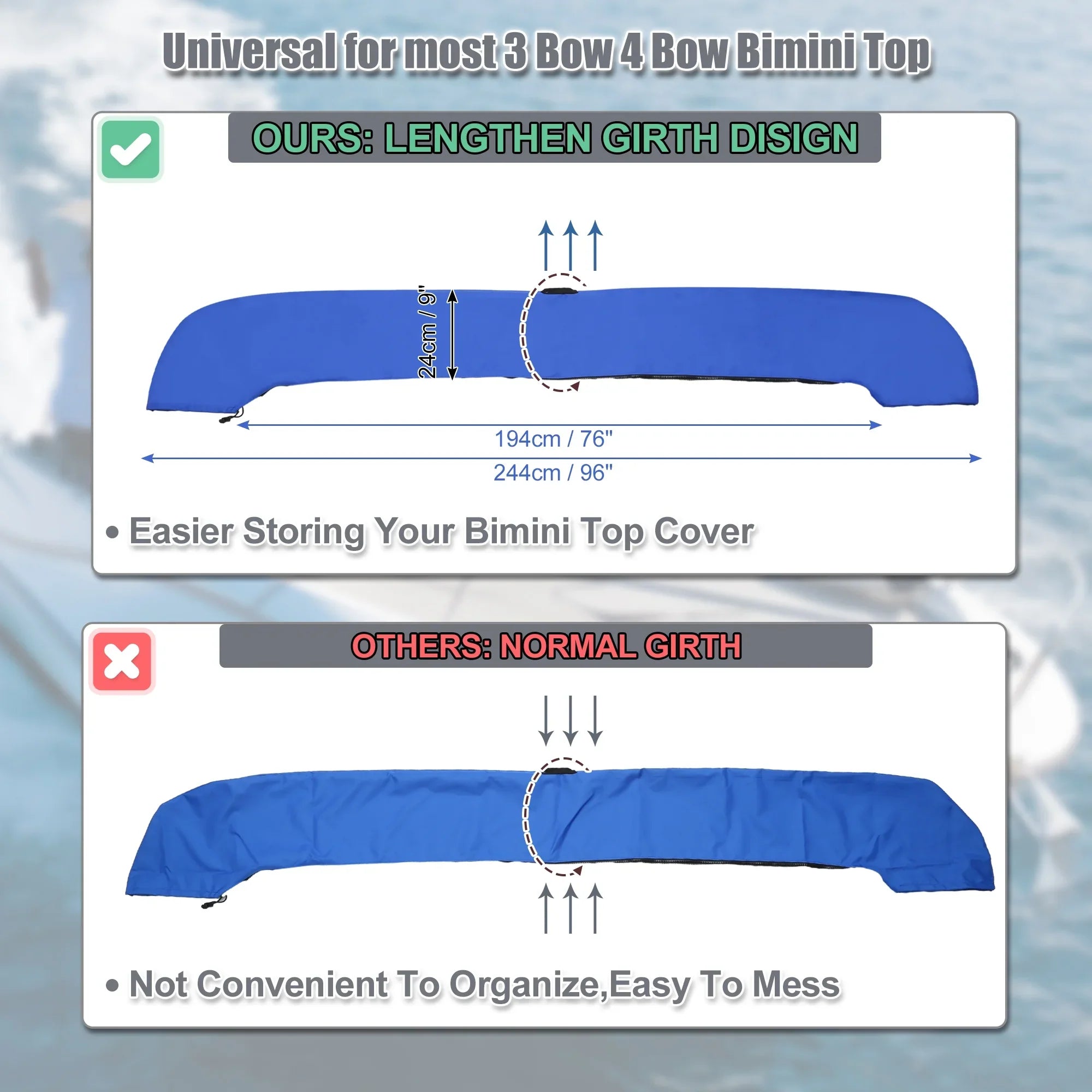 Boat Bimini Top Storage Boot with Light Hole 600D Polyester Canvas Blue 91"-96" W for 3 Bow 4 Bow