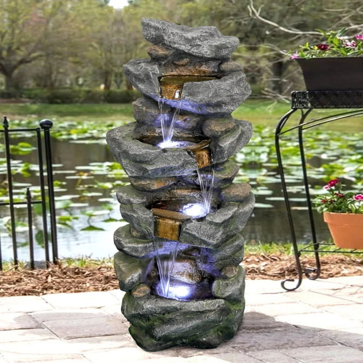 Fithood 40inches High Stacked Simulated Rock Water Fountain with LED Lights