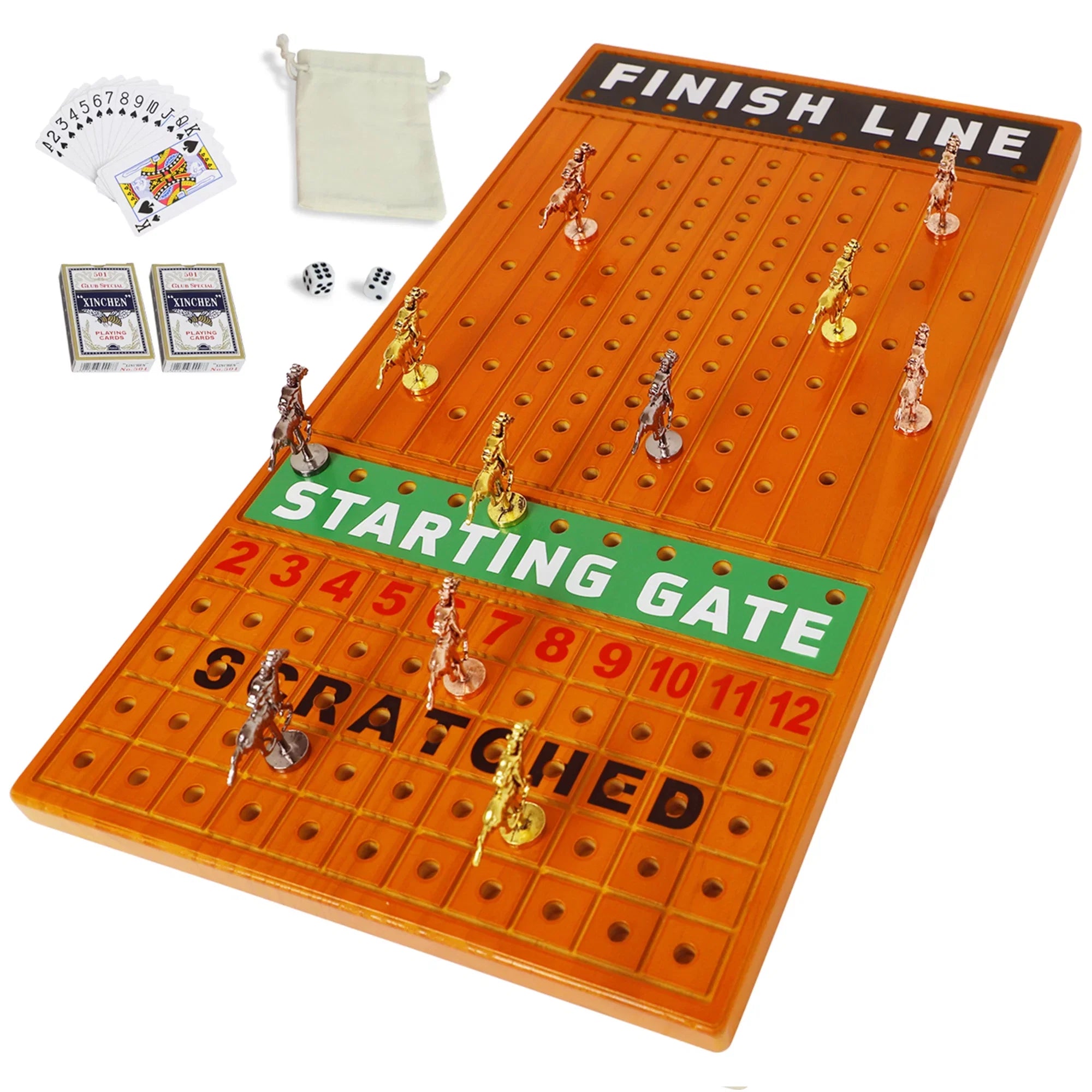 Horse Race Board Game Racing Game Thickened Pine with 11 Luxurious Durable Classic Metal Horses with 4 dice and 2 Boxes of Cards Across Finish Line Horse Racing Game