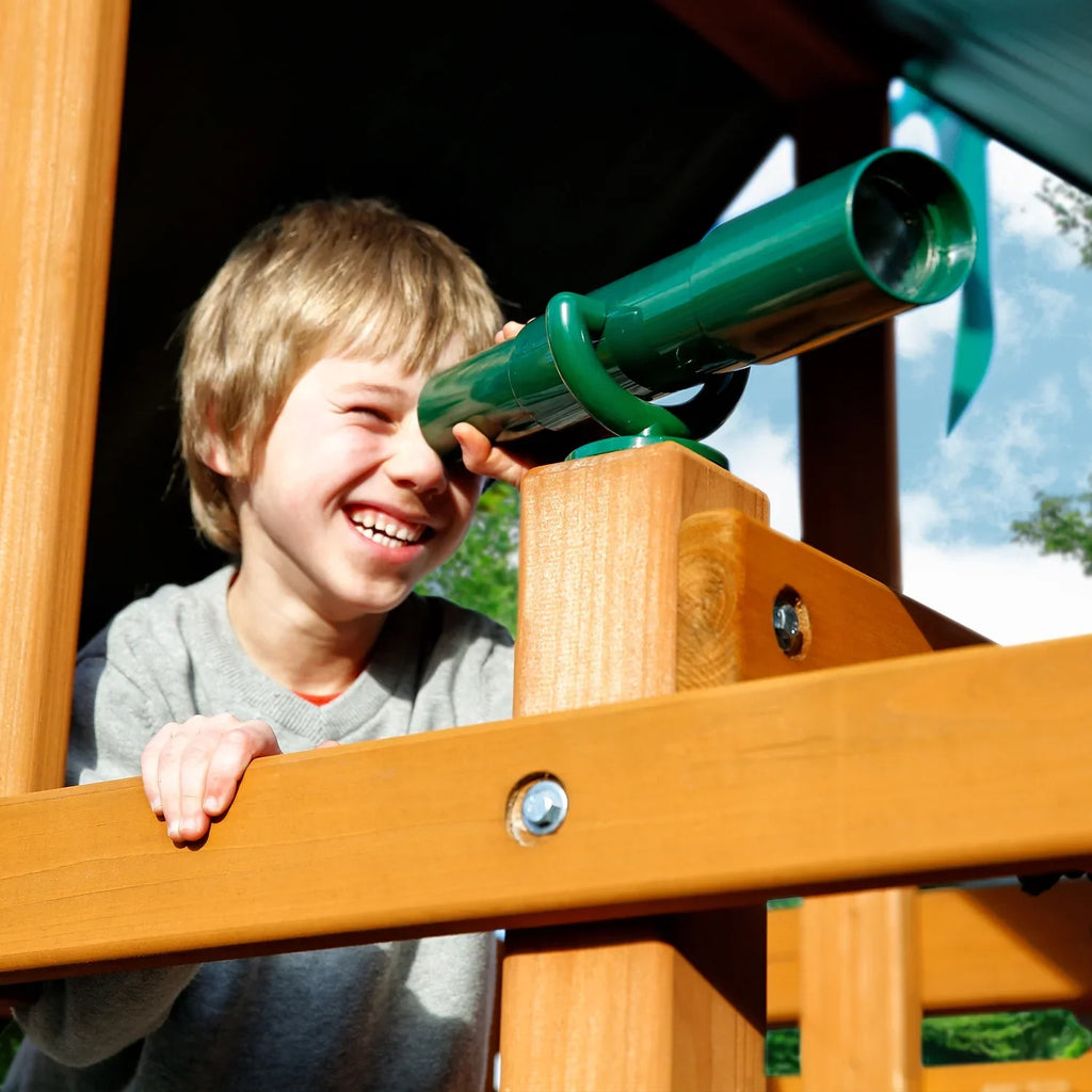 Gorilla Playsets Navigator Wooden Swing Set with Green Vinyl Canopy, Monkey Bars, and Rock Climbing Wall