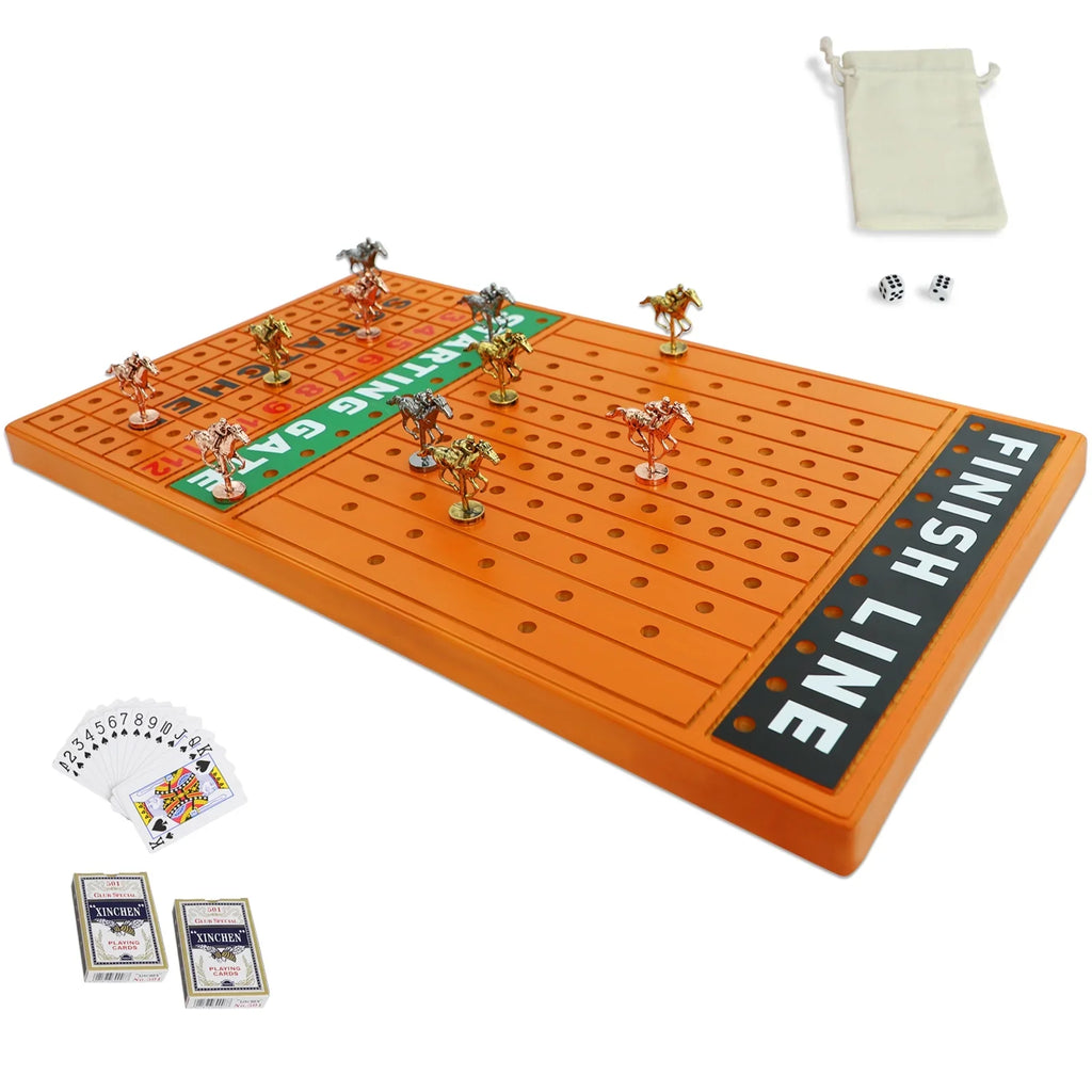 Horse Race Board Game Racing Game Thickened Pine with 11 Luxurious Durable Classic Metal Horses with 4 dice and 2 Boxes of Cards Across Finish Line Horse Racing Game