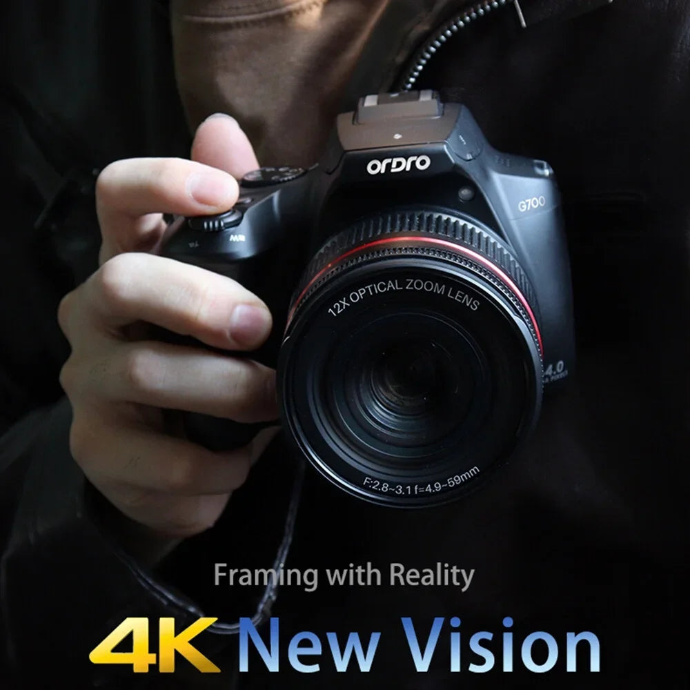 ORDRO G700 4K Digital Camera WiFi Digital Video Camera Camcorder 64MP 3.0 Inch IPS Screen 12X Optical Zoom Auto/Manual Focus Built-in Flash Battery Electronic Stabilization with Strap for Vlogging