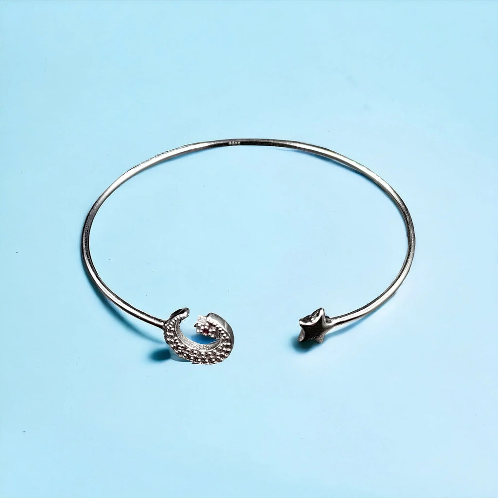CZ Moon and Star Solid Silver Open ended cuff style Celesticle jewelry Handmade Kada Adjustable Bracelet Best Gift idea for Girls