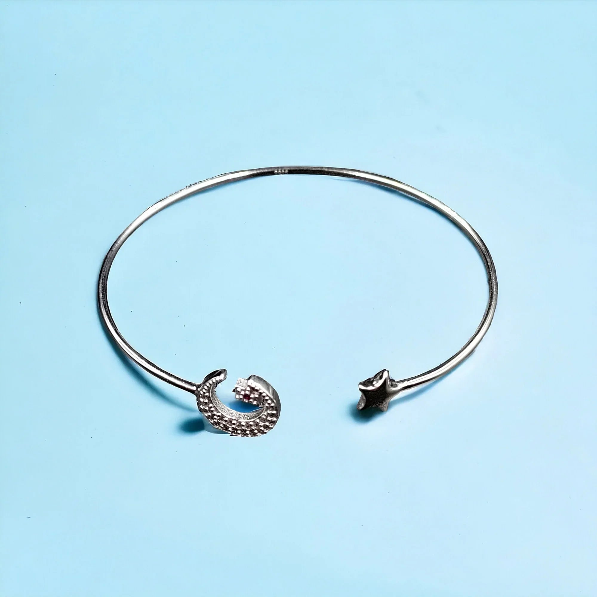 CZ Moon and Star Solid Silver Open ended cuff style Celesticle jewelry Handmade Kada Adjustable Bracelet Best Gift idea for Girls