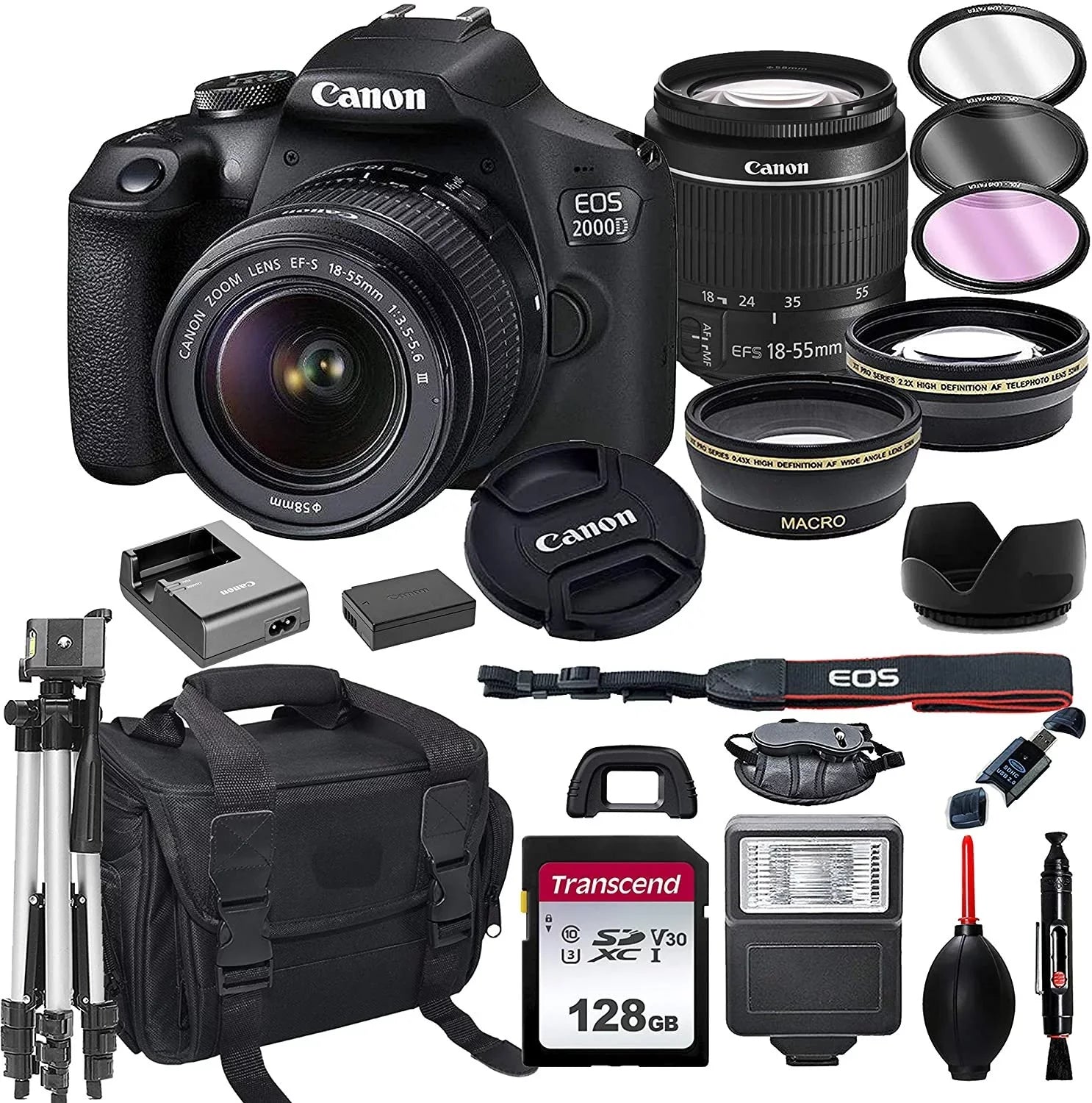Canon EOS 2000D DSLR Camera with 18-55mm f/3.5-5.6 Zoom Lens + 128GB Card, Tripod, Flash, and More 20pc Bundle