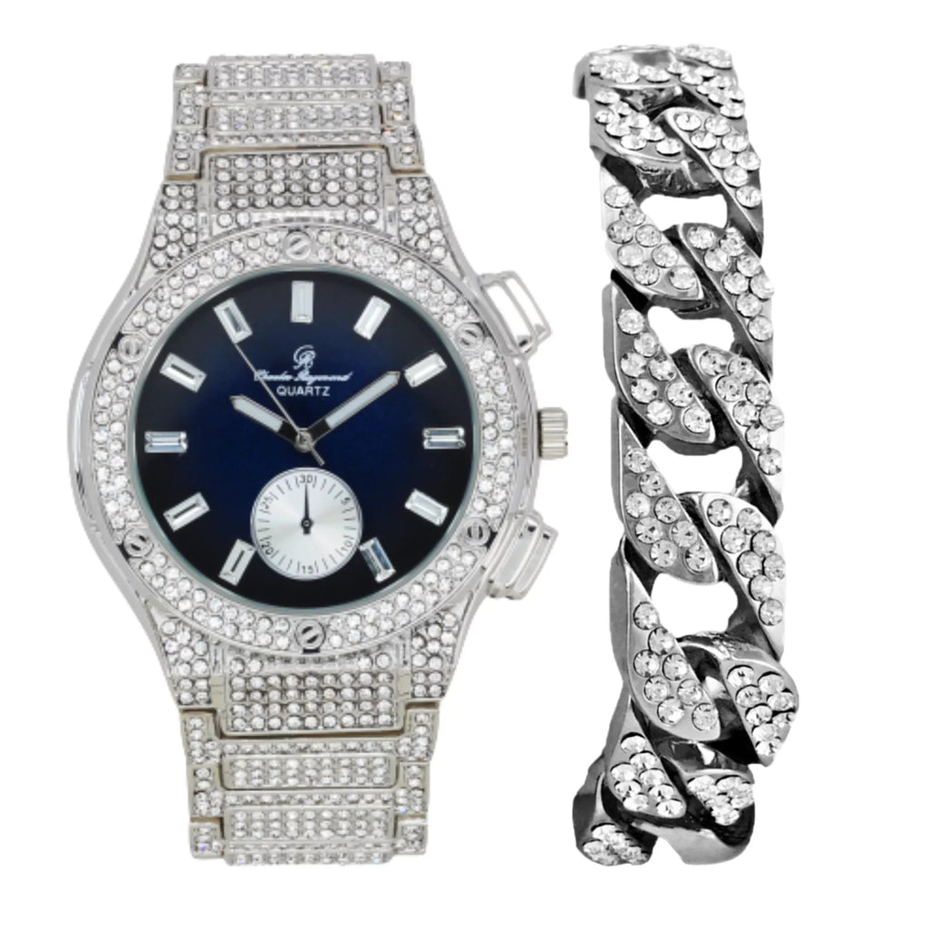 Charles Raymond Big Bling Watch Inspired by Hip Hop - Men's Iced Out Timepiece- Diamond Rhinestones on Blast - ST10311 MB SLV Blue -C
