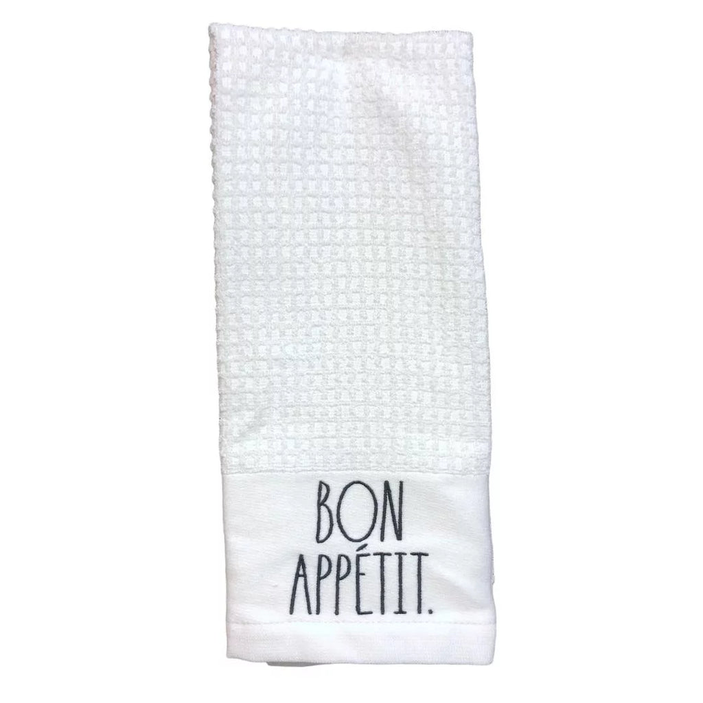 Rae Dunn Christmas Kitchen Towels Set of 2 White CHEERS - BON APPETIT Black LL Letter