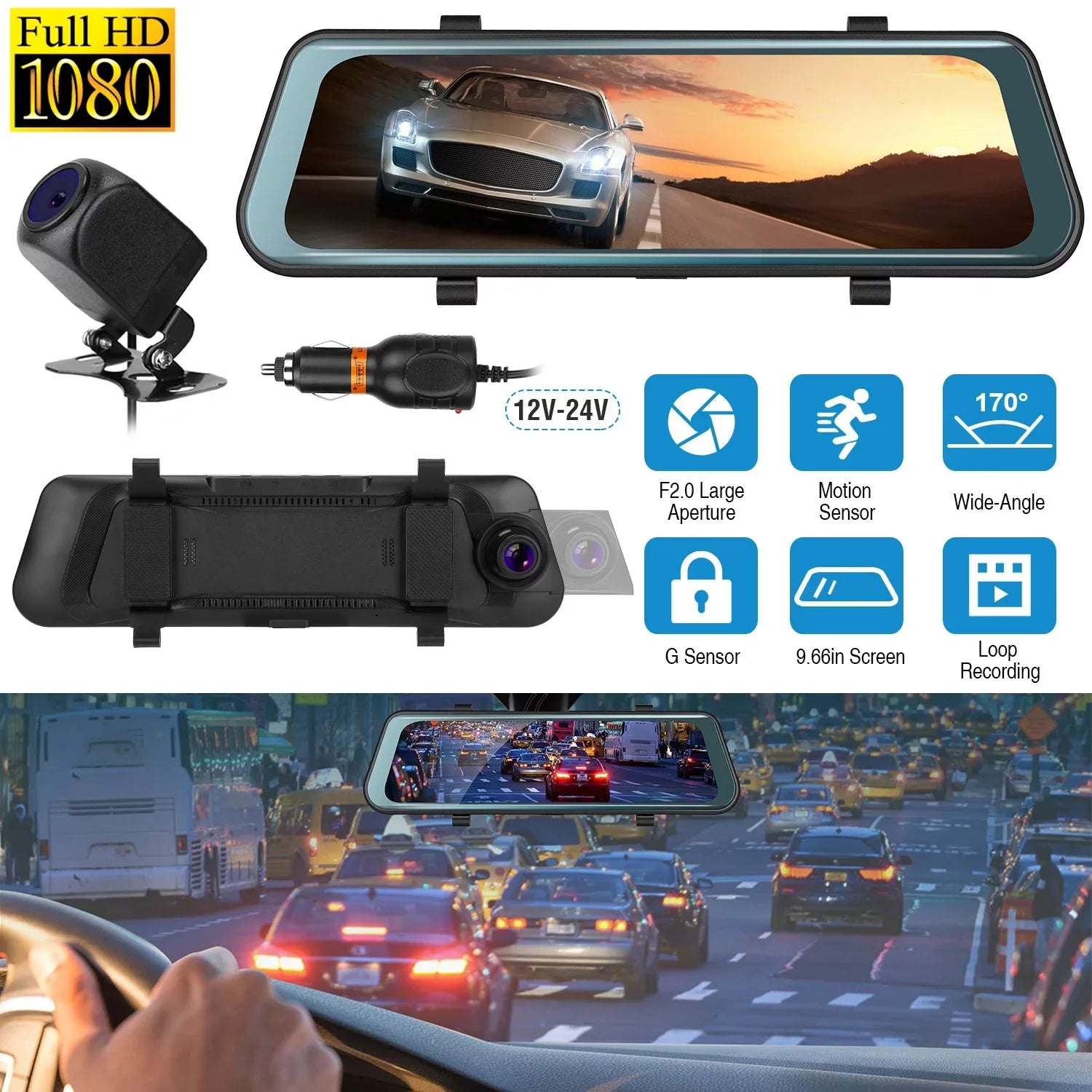 iNova FHD 1080P Car DVR Dash Camera 9.66In Vehicle Driving Recorder with G Sensor Parking Monitoring Seamless Recording