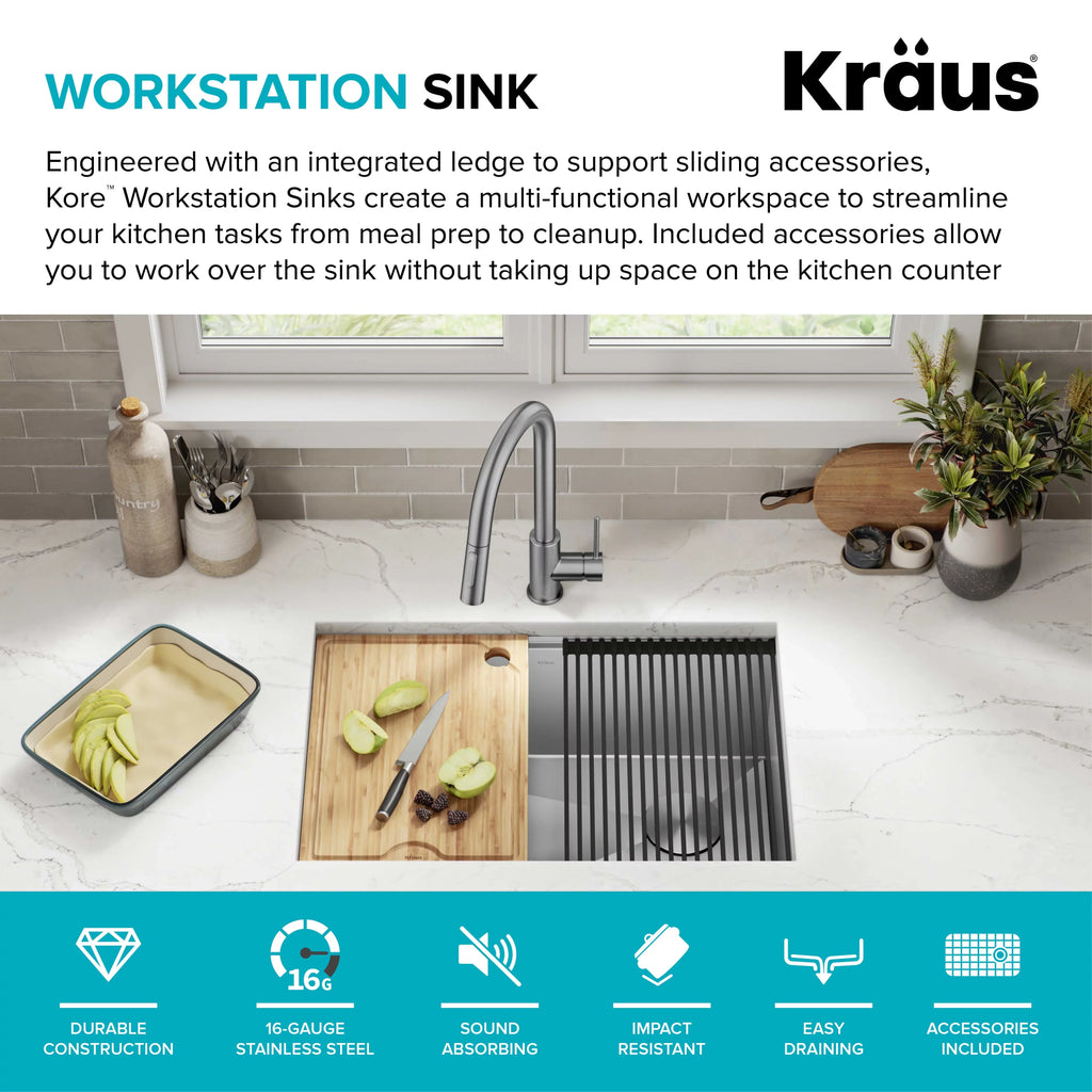 Kraus Kore 28Undermount Workstation 16 Gauge Stainless Steel Single Bowl Kitchen Sink with Accessories