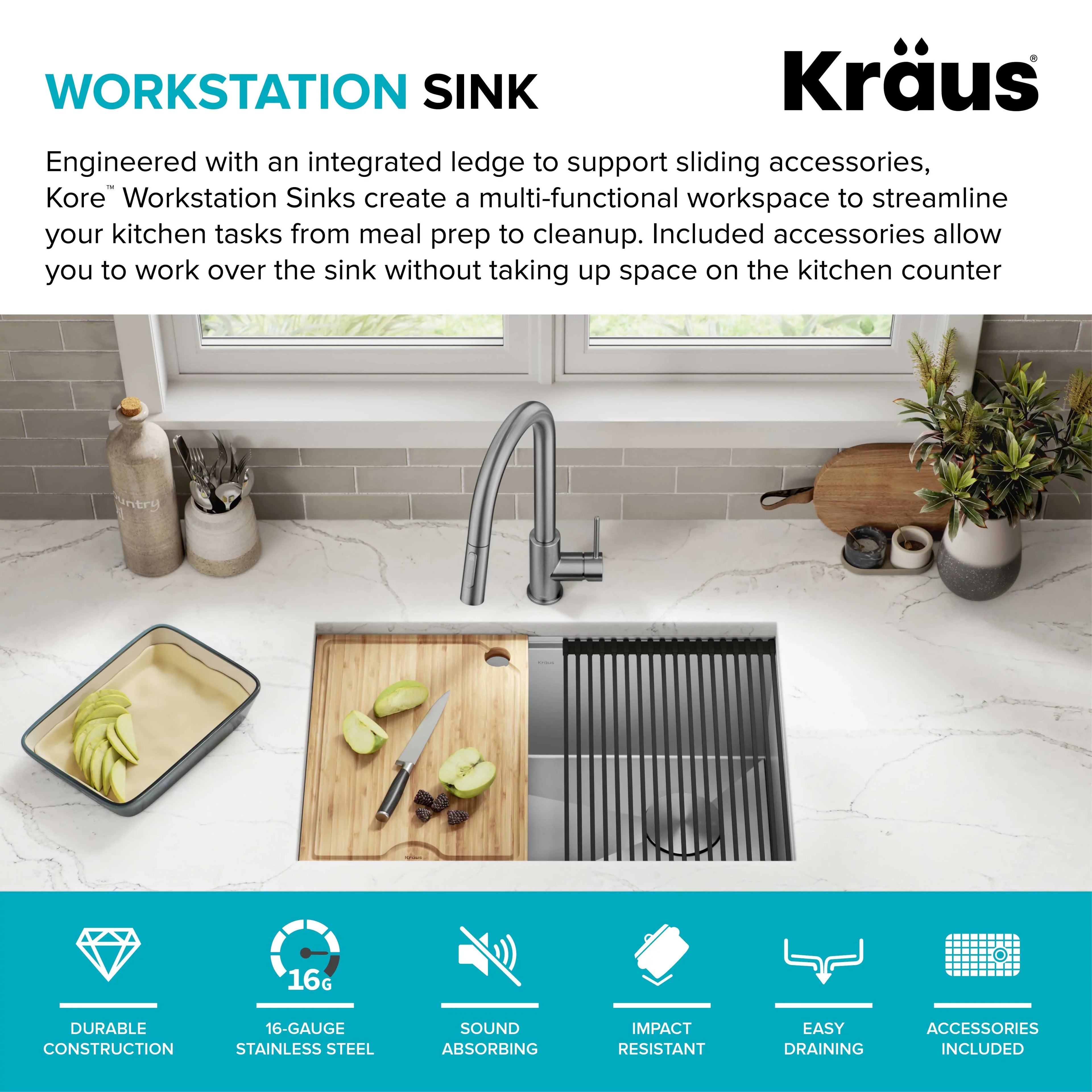 Kraus Kore 28Undermount Workstation 16 Gauge Stainless Steel Single Bowl Kitchen Sink with Accessories
