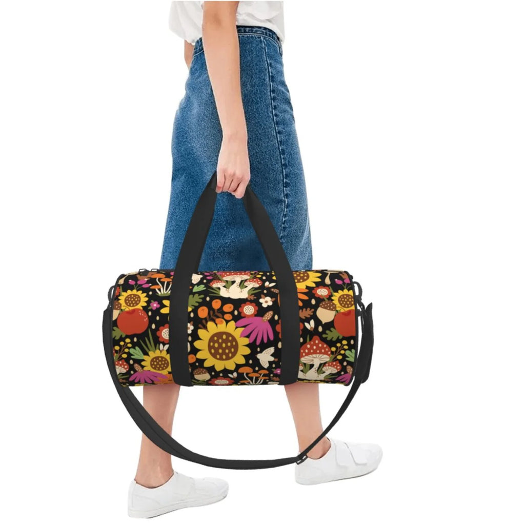 Coaee Sunflowers Mushrooms Large Capacity Travel Luggage Bag Cylinder Gym Bag Waterproof Sports Bag with Pocket and Compartment