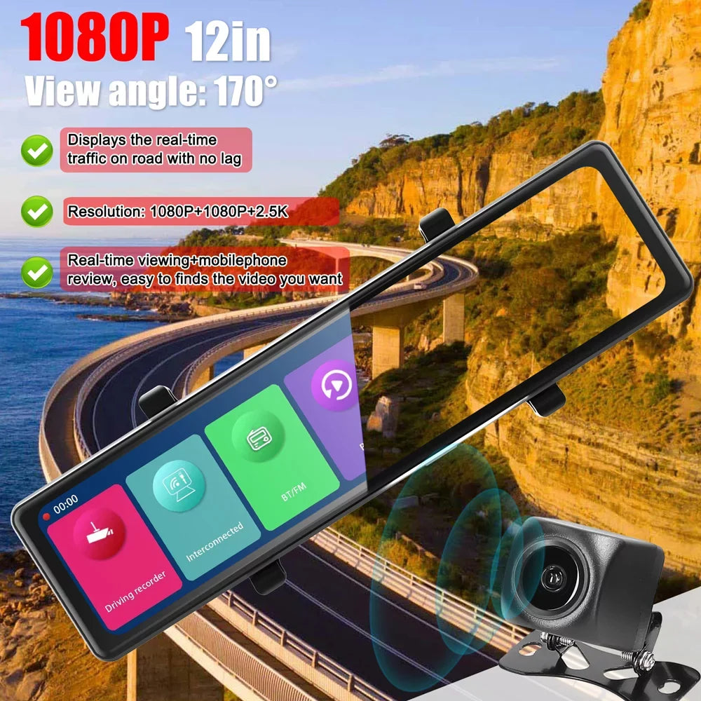 Pinnaco 3 Cameras Dash Cam 2.5K Clear Car Rearview Mirror BT Car Video Recording Camcorder Touched Screen Car Camera Recorder Auto Driving Recorder for Enhanced Safety