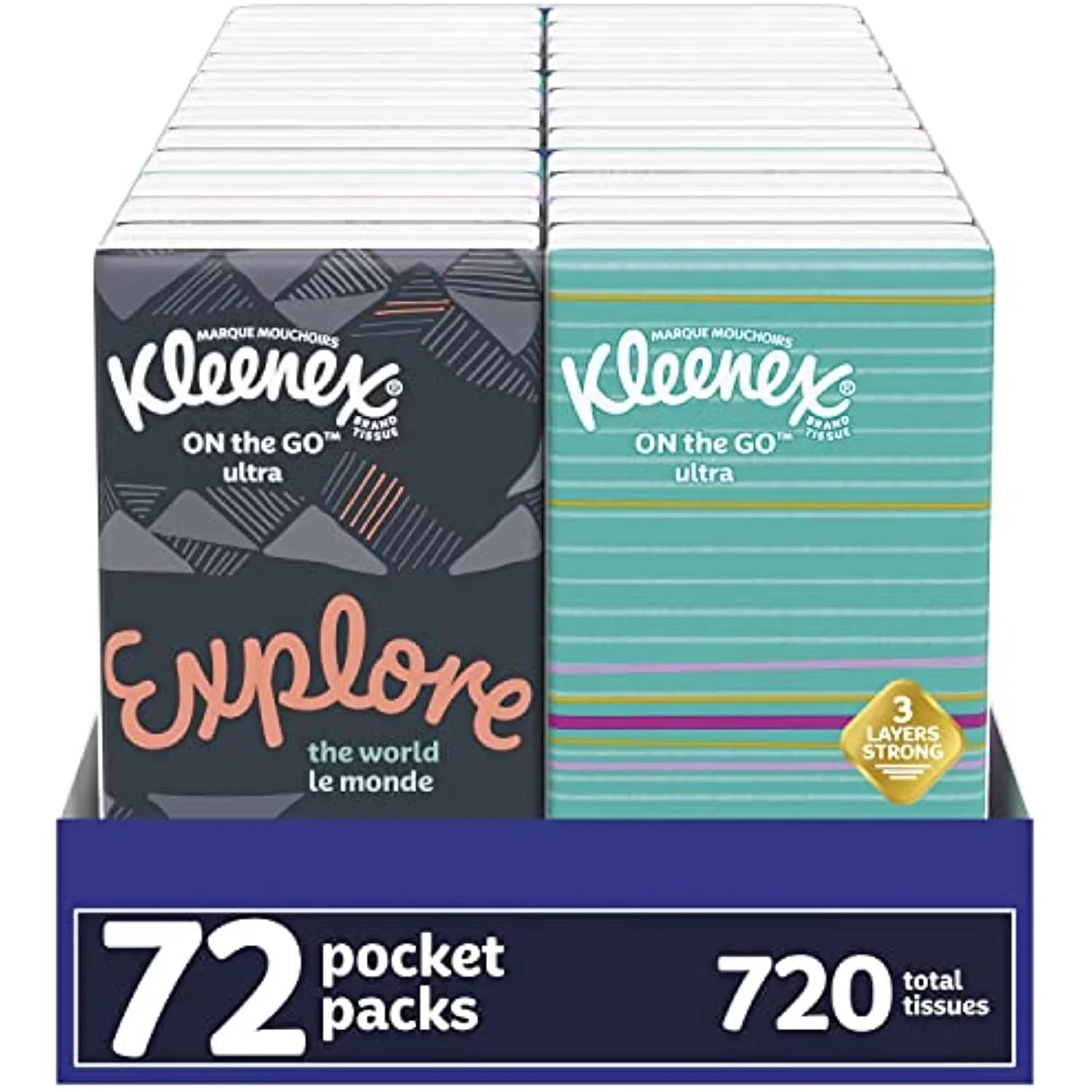 Kleenex On-The-Go Facial Tissues, Tissues Travel Size, 72 Packs (9 Displays Of 8 Packs), 10 Tissues Per Pack, 3-Ply (720 Total Tissues)