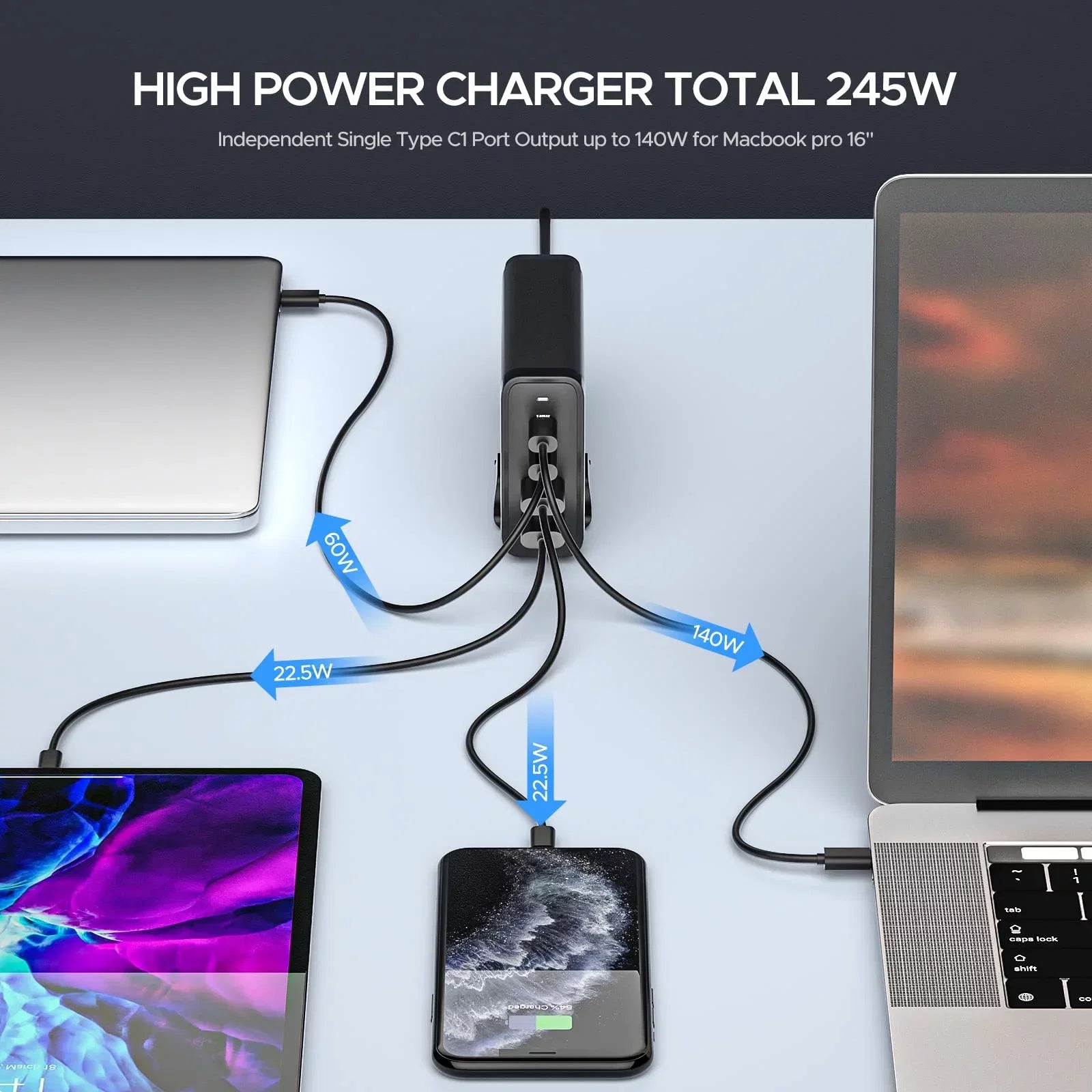 Key Power 245W USB C Charger Station, 140W PD 3.1 GaN Type C Power Adapter with 4Port Fast Charge for Air/ Pro 16", XPS, iPad, iPhone, Galaxy, Steam Deck
