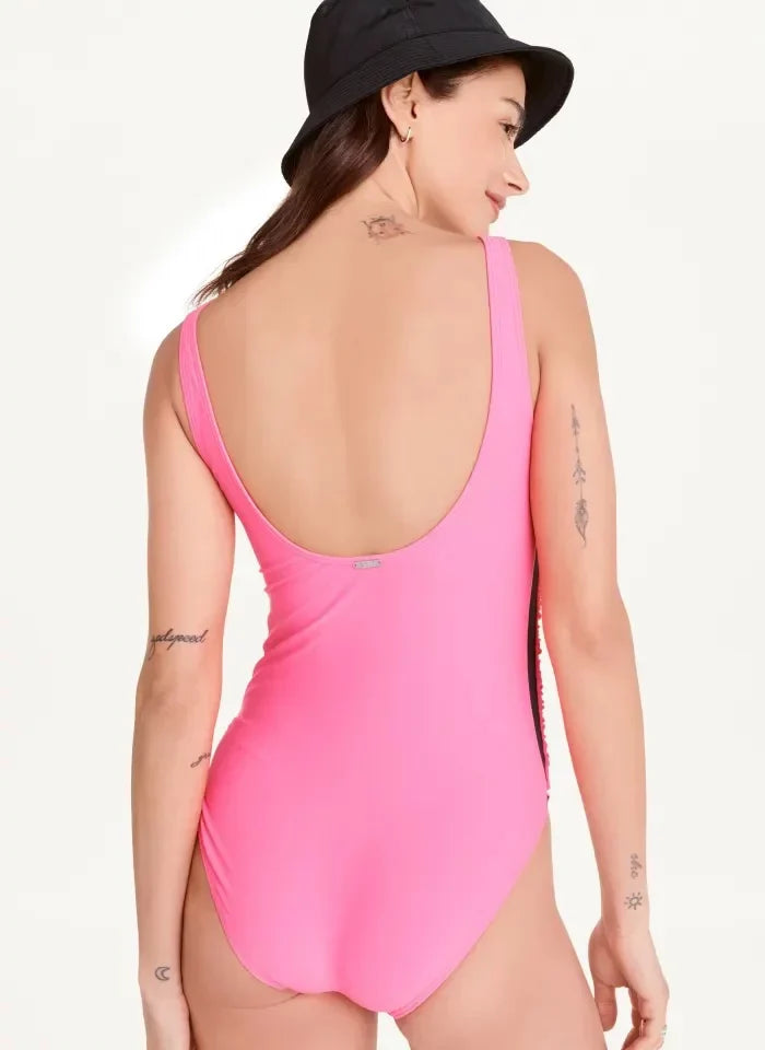 DKNY NEON PINK Ruched Mesh-Contrast One-Piece Swimsuit, US 8