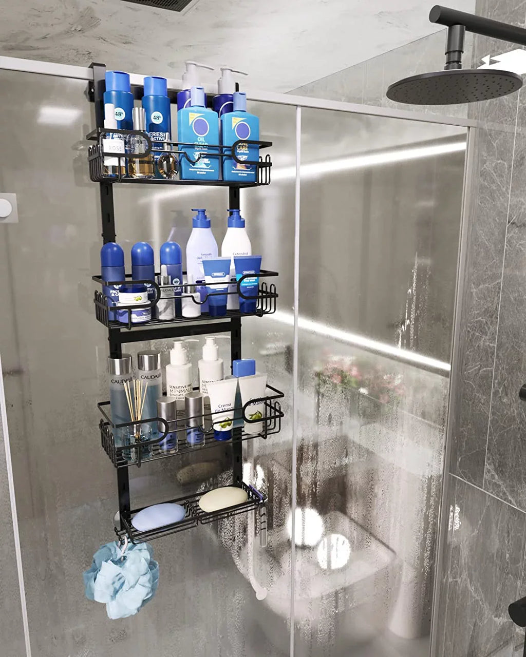 Consumest 4 Tier Over The Door Shower Caddy Shelf with Soap Holder, Adjustable Hanging Shower Organizer with 4 Hooks & 2 Suction Cups, Rustproof Stainless Steel Hanging Shower Caddy for Bathroom