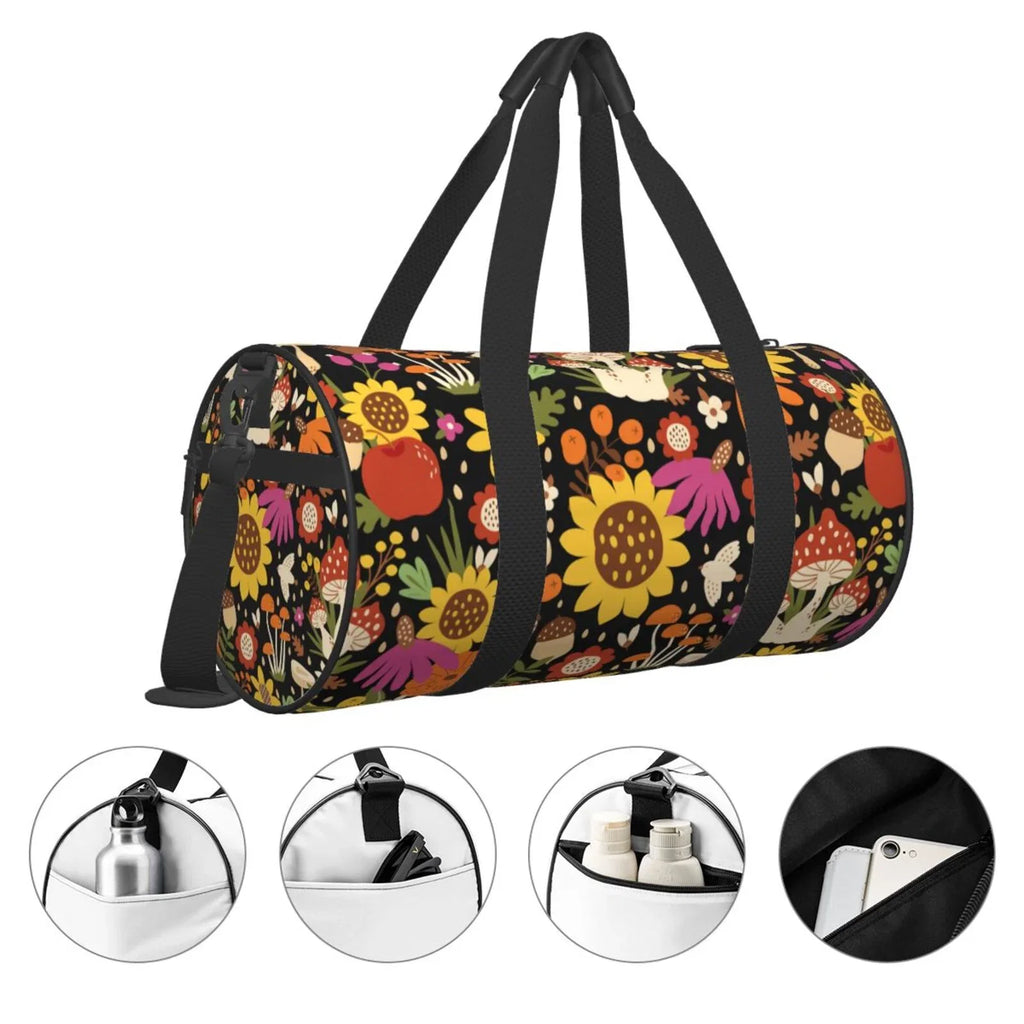 Coaee Sunflowers Mushrooms Large Capacity Travel Luggage Bag Cylinder Gym Bag Waterproof Sports Bag with Pocket and Compartment