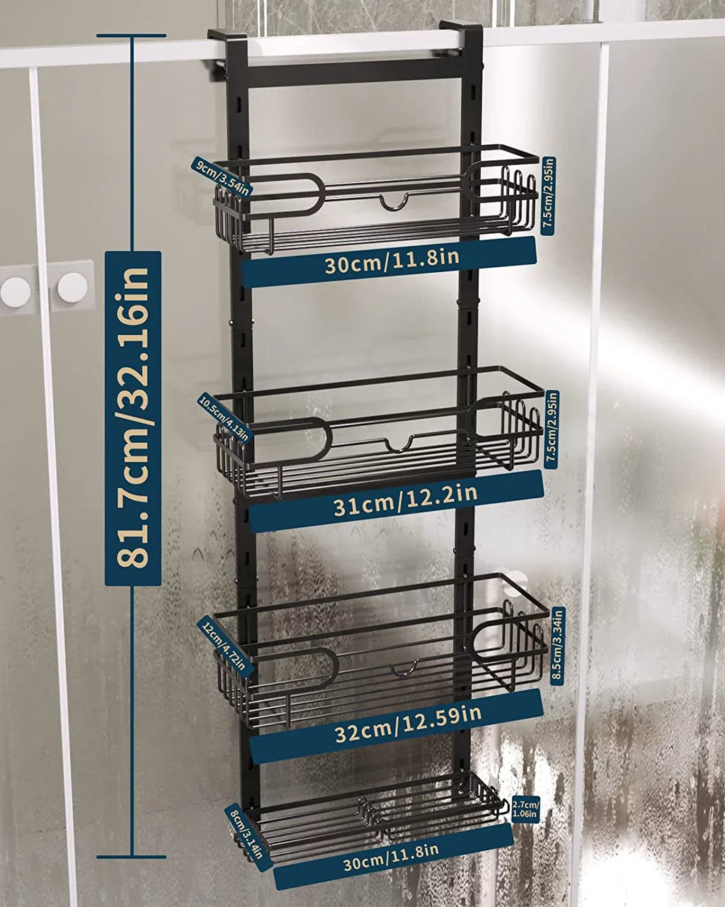 Consumest 4 Tier Over The Door Shower Caddy Shelf with Soap Holder, Adjustable Hanging Shower Organizer with 4 Hooks & 2 Suction Cups, Rustproof Stainless Steel Hanging Shower Caddy for Bathroom