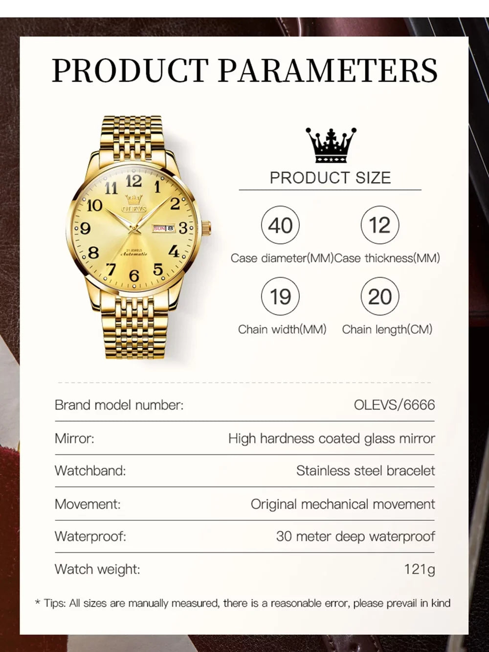 OLEVS Gold Watch for Men Self Winding Large Face Arabic Numerals Dial Easy Reader Waterproof Reloj Para Hombre, Gifts for Men, Male Adult Wristwatch