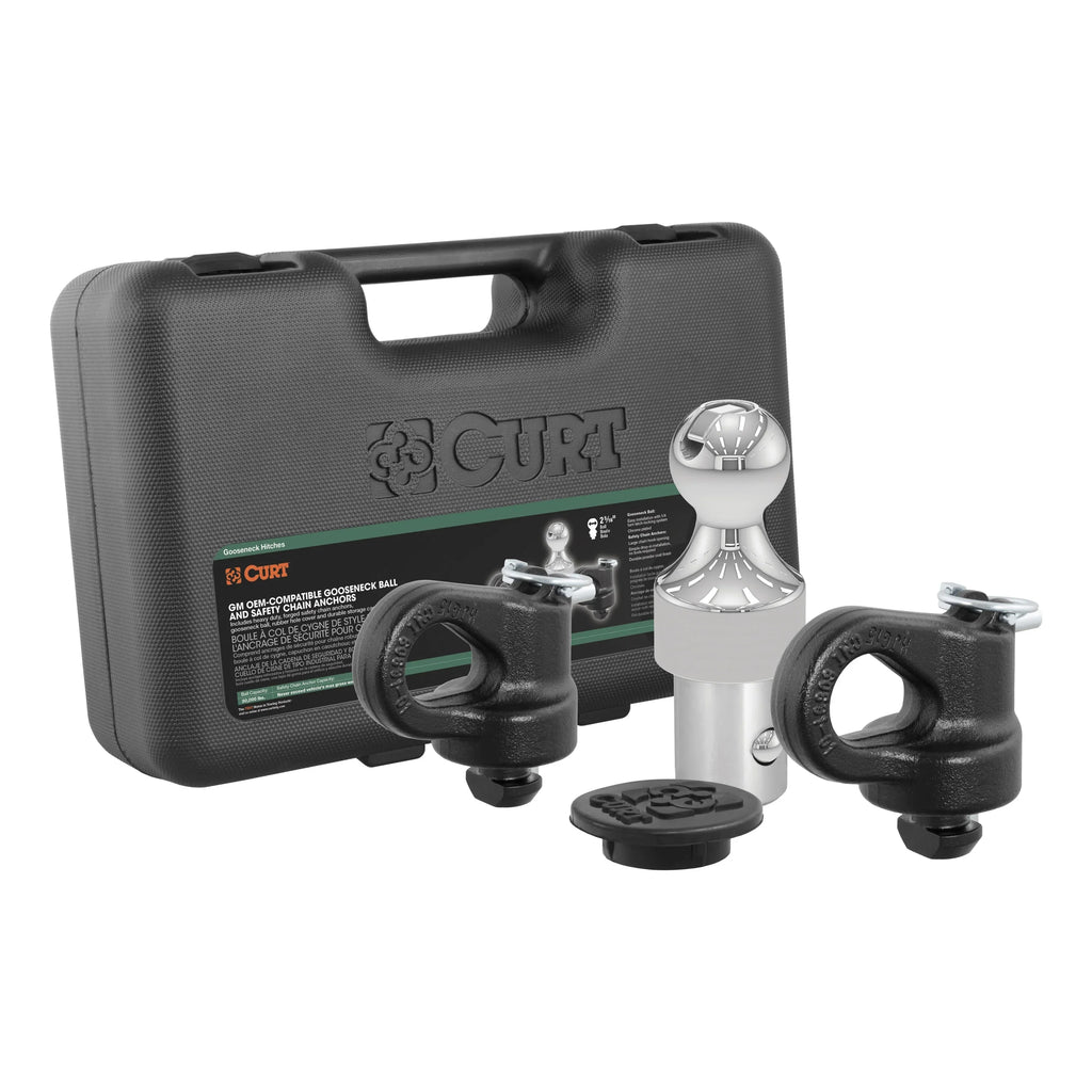 CURT Mfg 60692 OEM-Compatible Gooseneck Ball & Safety Chain Anchor Kit for GM - Fits GM pickup trucks with factory tow packages | Includes storage case and rubber hole cover