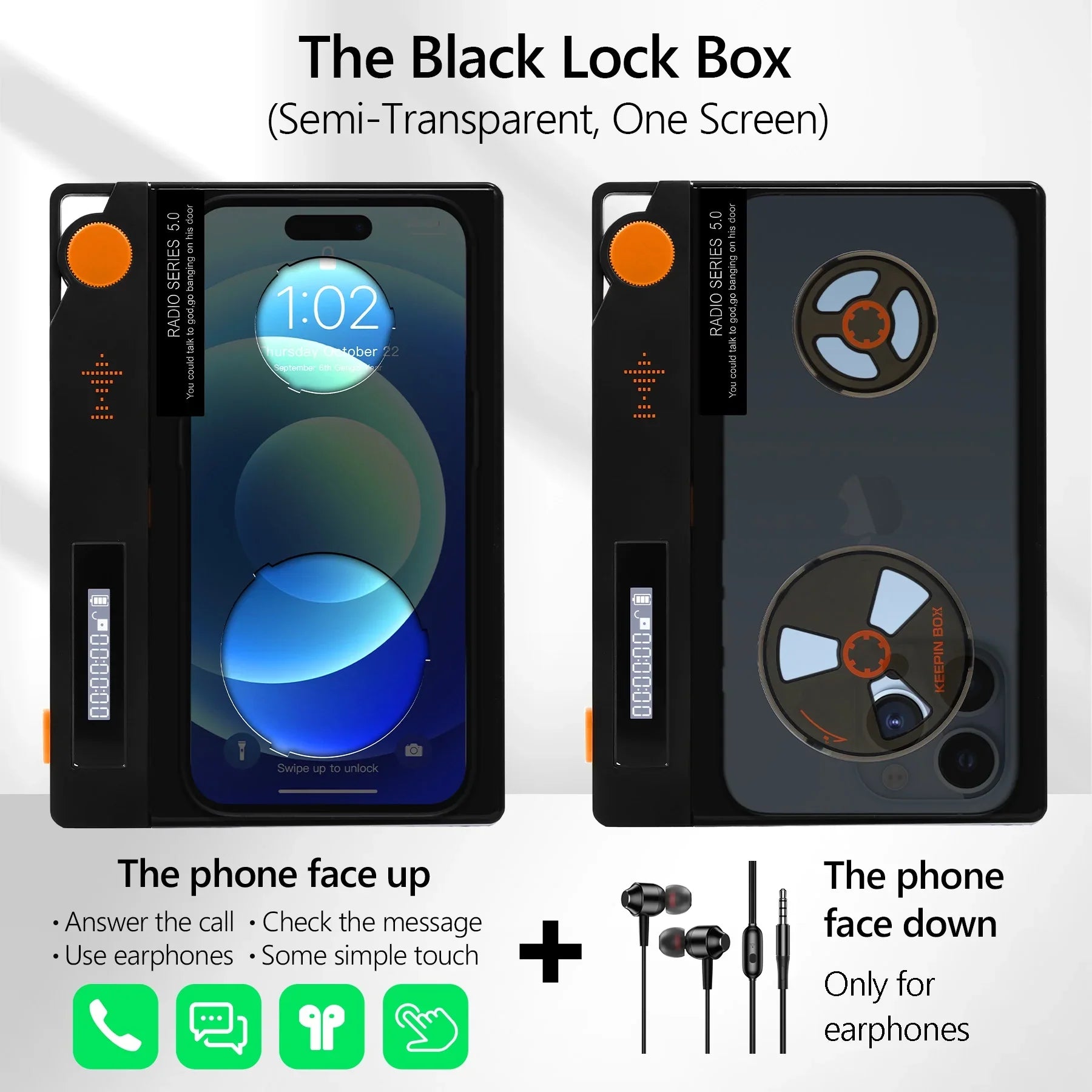 Cell Phone Lock Box with Timer, Portable Timed Lock Box for Phone With Semi-Transparent Cover, Help to Prevent Phone Addiction, Focus on Real Life (L 6.7x3.5x0.7, Black-One Screen)
