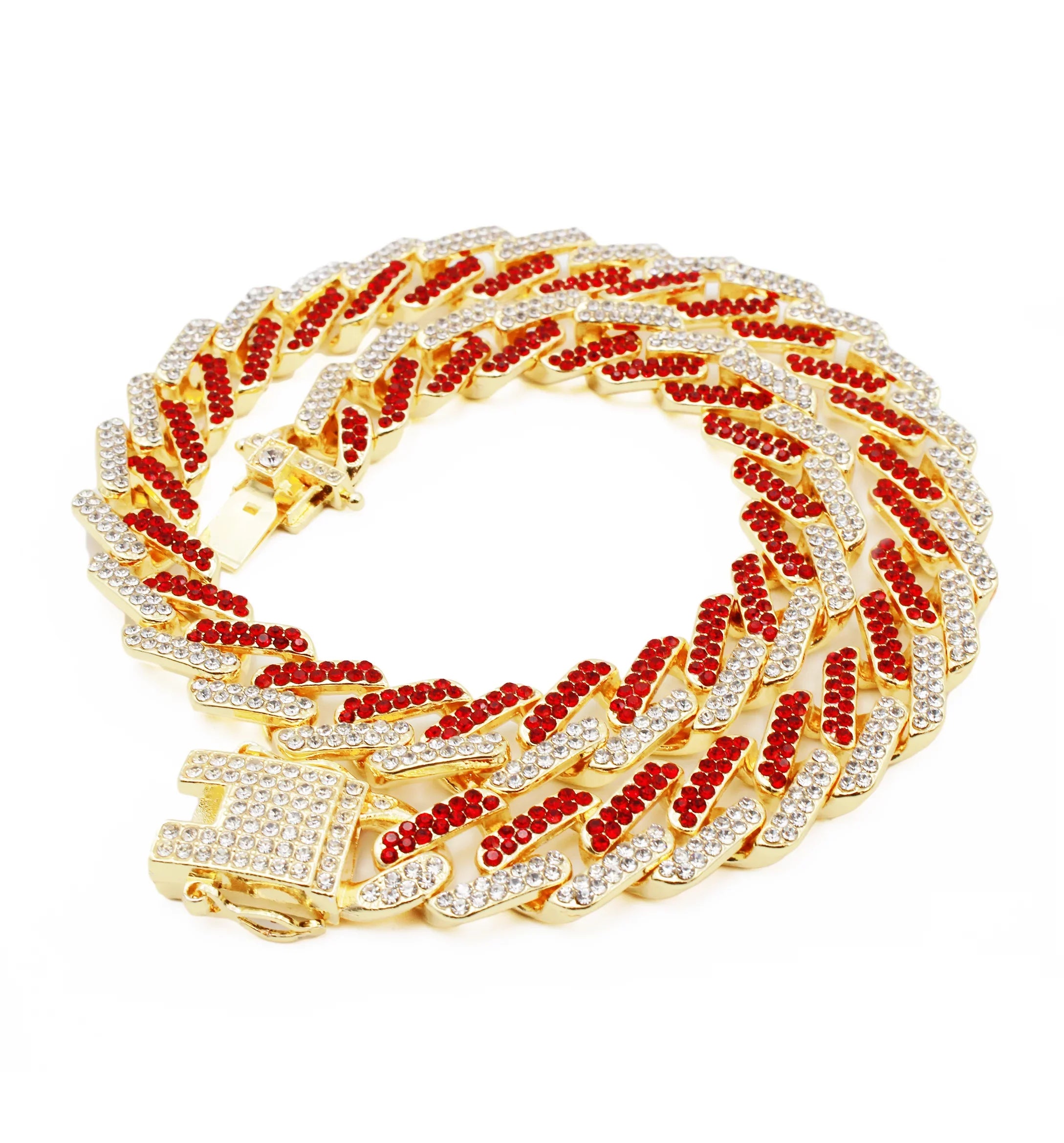 Charles Raymond Ice on Blast! Blinged Out Hip Hop Rolly Looks with Iced Out Wristwatch Trim and Band with Matching Zig Zag Bling'ed Out Necklace Sets - ZZ Necklace Sets - Gold - Red