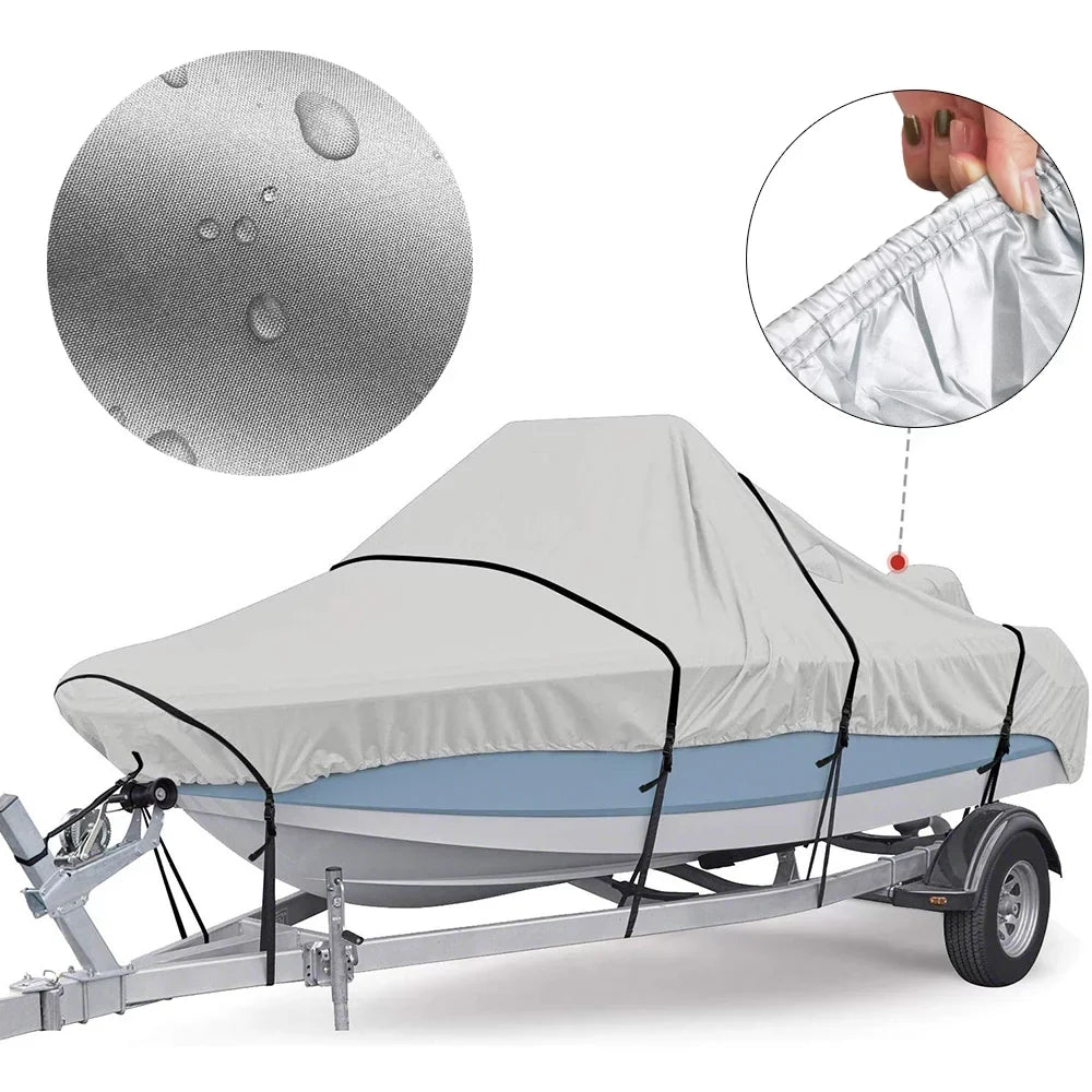 Boat Cover Yacht Protection Waterproof Heavy Duty Silver Reflective 300D Oxford Fabric Anti-smashing Durable and Tear Proof Fits V-HULL TRI-HULL Runabouts and Bass Boats 11-13FT