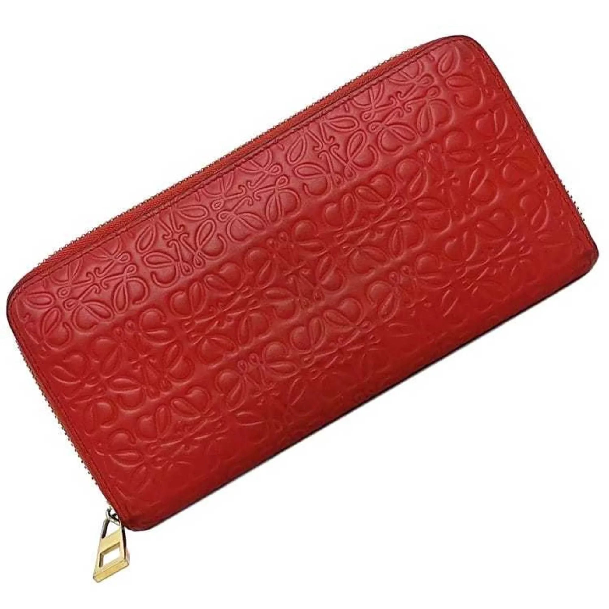 Pre-Owned Loewe Round Long Wallet Red Gold Repeat Anagram 107N55.F13 Leather GP LOEWE Embossed Women's (Good)