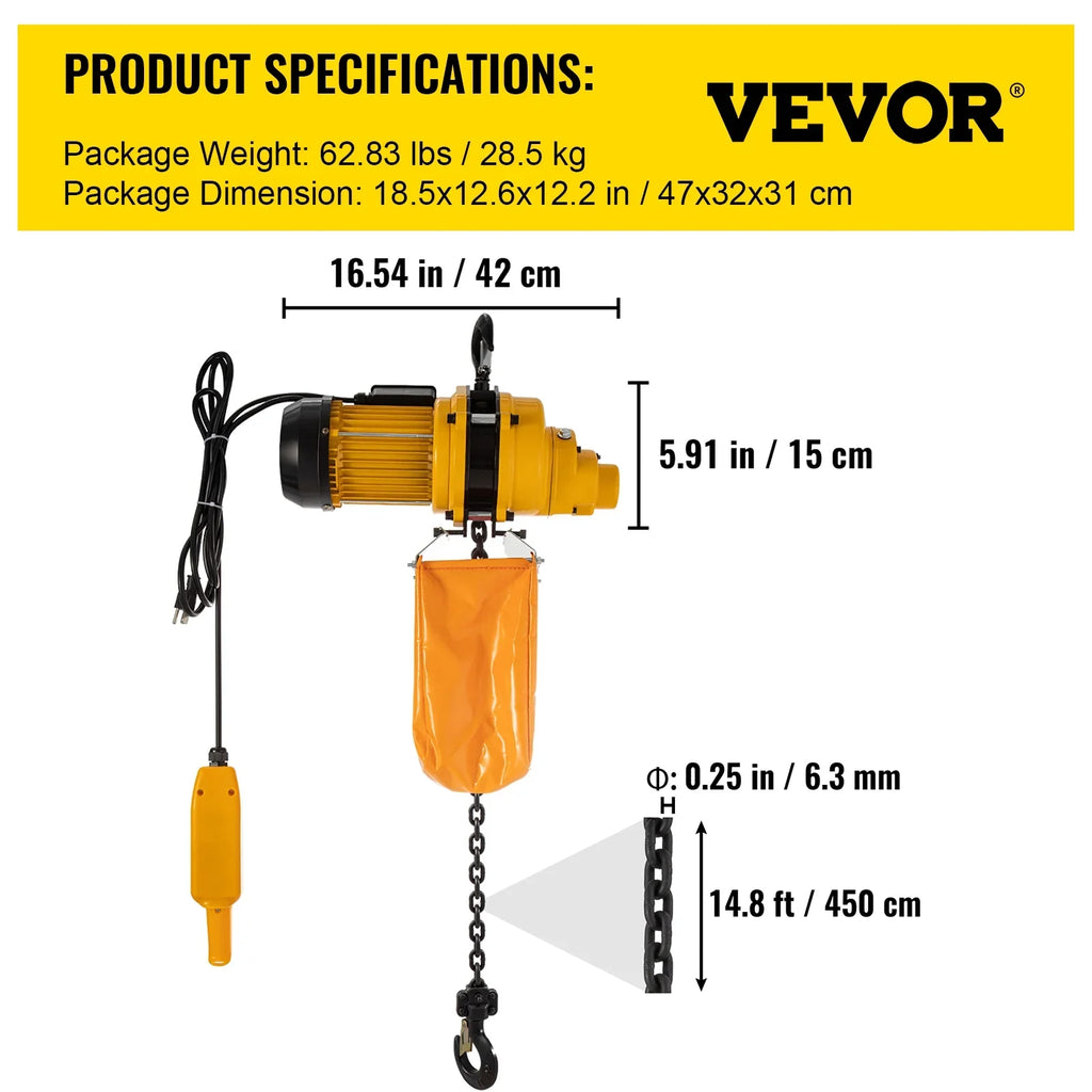 VEVOR Lift Electric Hoist, 1100 lbs Electric Winch w/ 10ft Wired Remote Control, 110V Overhead Crane Garage Ceiling Pulley Winch of 14.8ft Lift Height, Pre-owned In Factories, Warehouses, Construction