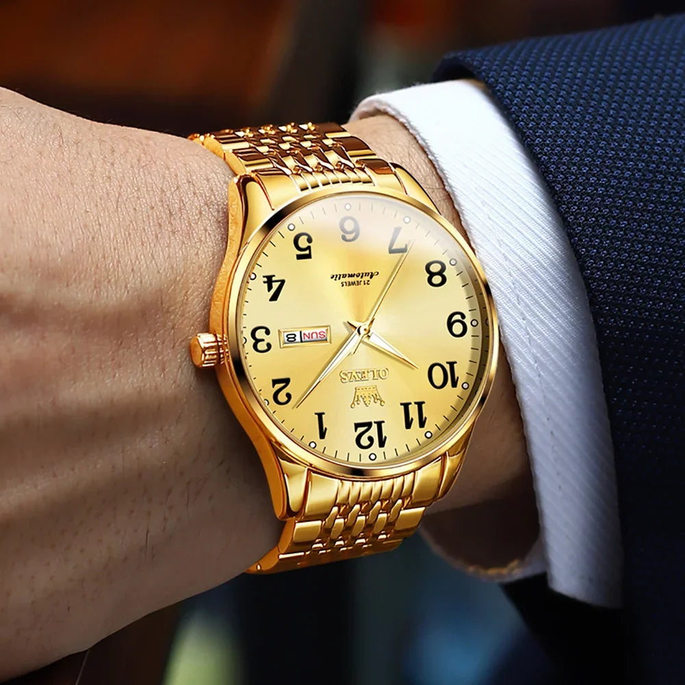 OLEVS Gold Watch for Men Self Winding Large Face Arabic Numerals Dial Easy Reader Waterproof Reloj Para Hombre, Gifts for Men, Male Adult Wristwatch