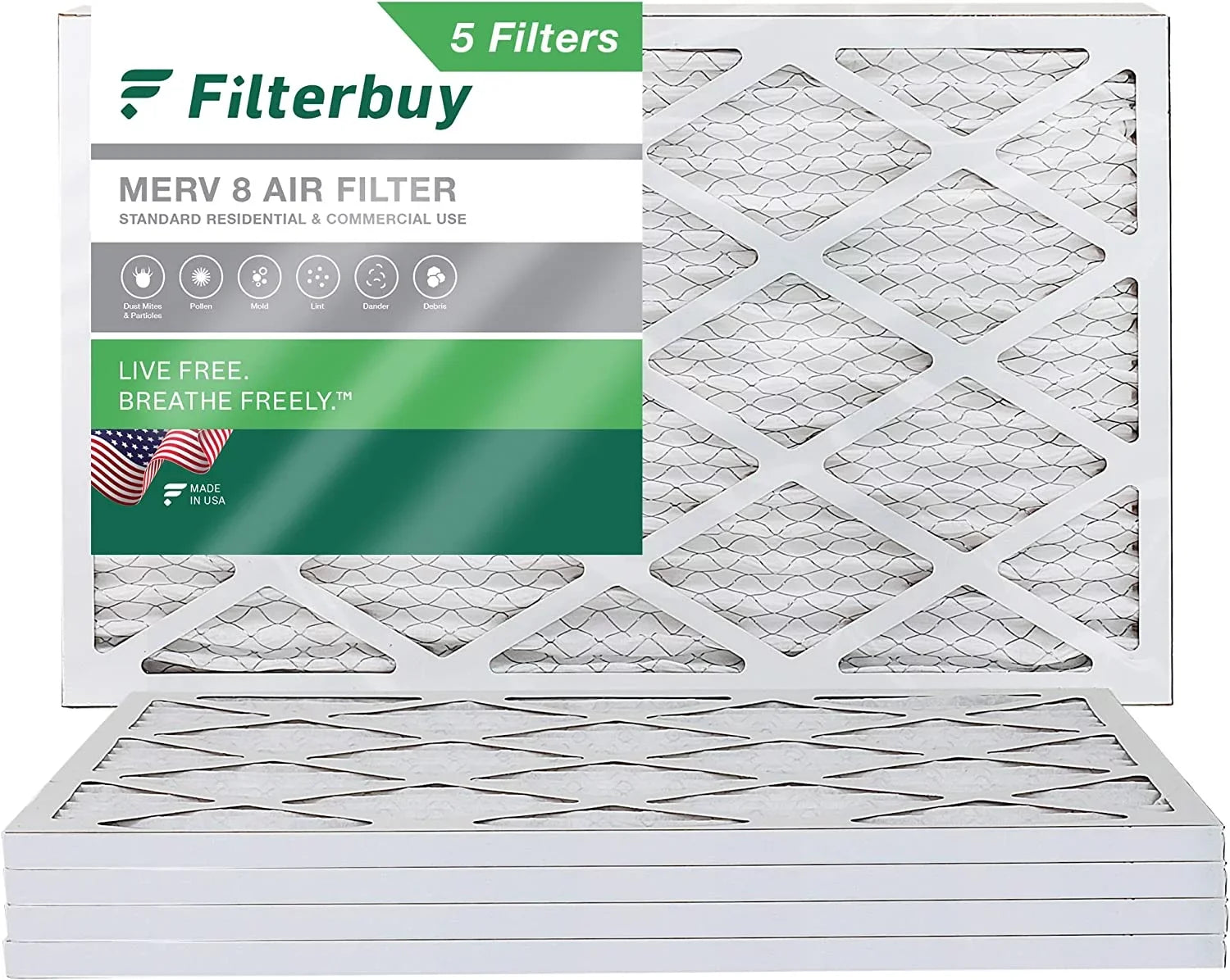Filterbuy 14x24x1 MERV 8 Pleated HVAC AC Furnace Air Filters (5-Pack)