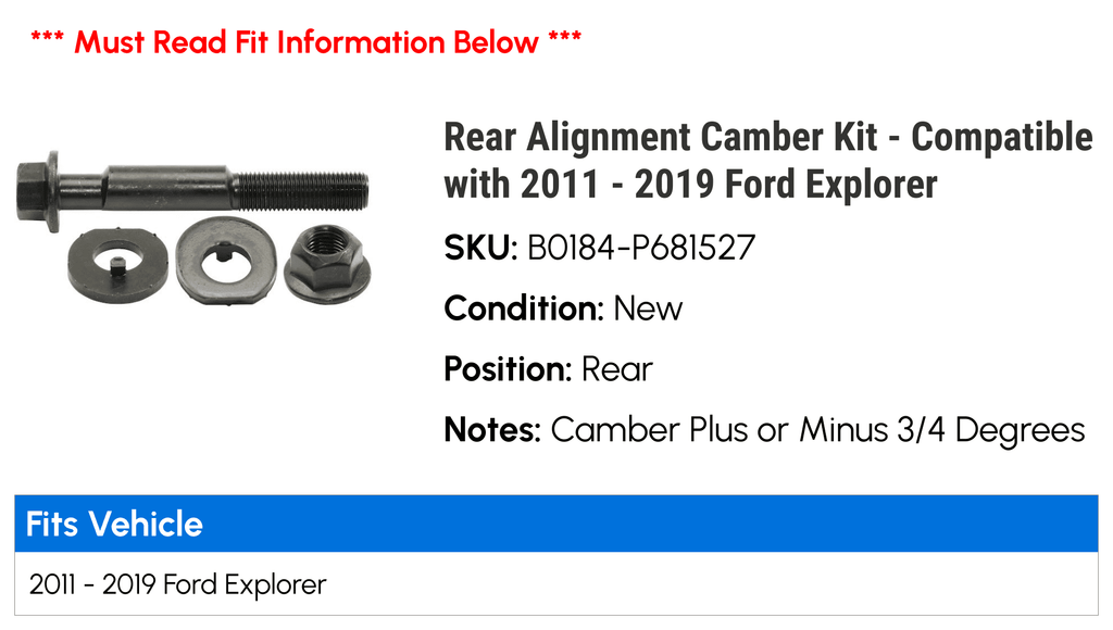 Rear Alignment Camber Kit - Compatible with 2011 - 2019 Ford Explorer 2012 2013 2014 2015 2016 2017 2018