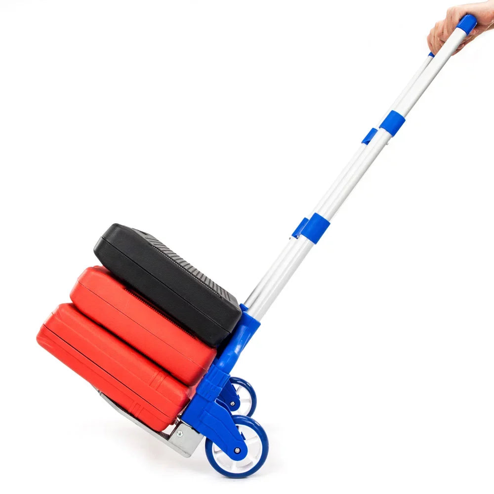 QEEK Folding Hand Truck and Dolly, Aluminum Hand Truck, 165 lb Capacity Heavy-Duty Luggage Trolley Cart with Telescoping Handle and Rubber Wheels, Portable Folding Hand Cart, Blue