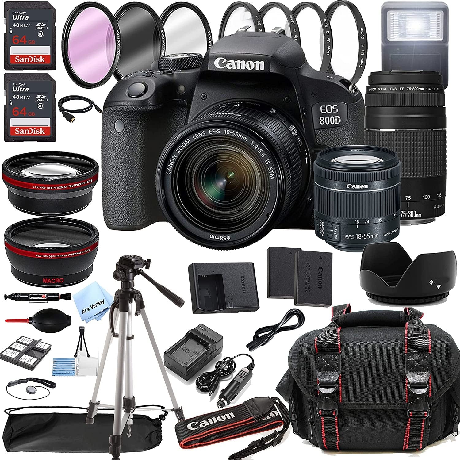 Canon EOS 800D Rebel T7i DSLR Camera w/EF-S 18-55mm F/4-5.6 is STM Zoom Lens + 75-300mm F/4-5.6 III Lens + 128GB Memory + Case + Tripod + Filters 38pc Bundle