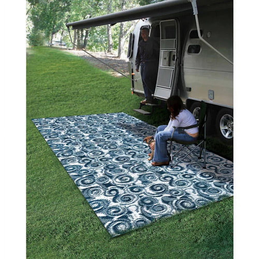 Camco 8' x 16' Reversible RV Outdoor Mat, Perfect Outdoor Accessory for RVing, Camping, Picnicking, and the Beach - Blue Swirl (42841)