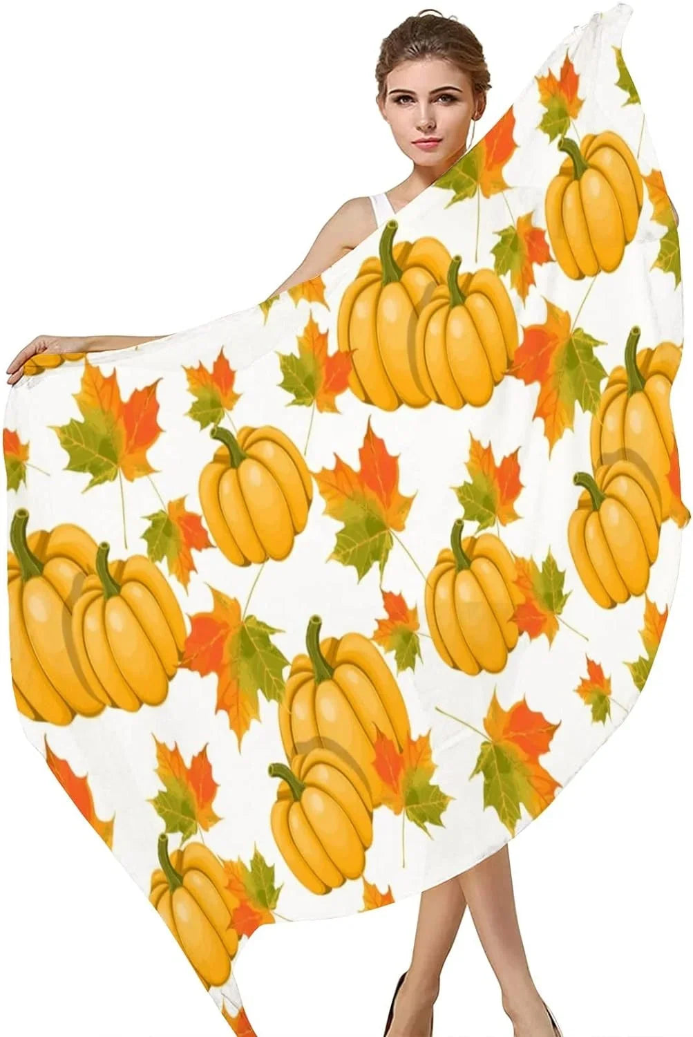Hyjoy Pumpkins Maple Leaves Long Silk Neck Scarf Lightweight Shawl Wrap Scarves for Women Girls