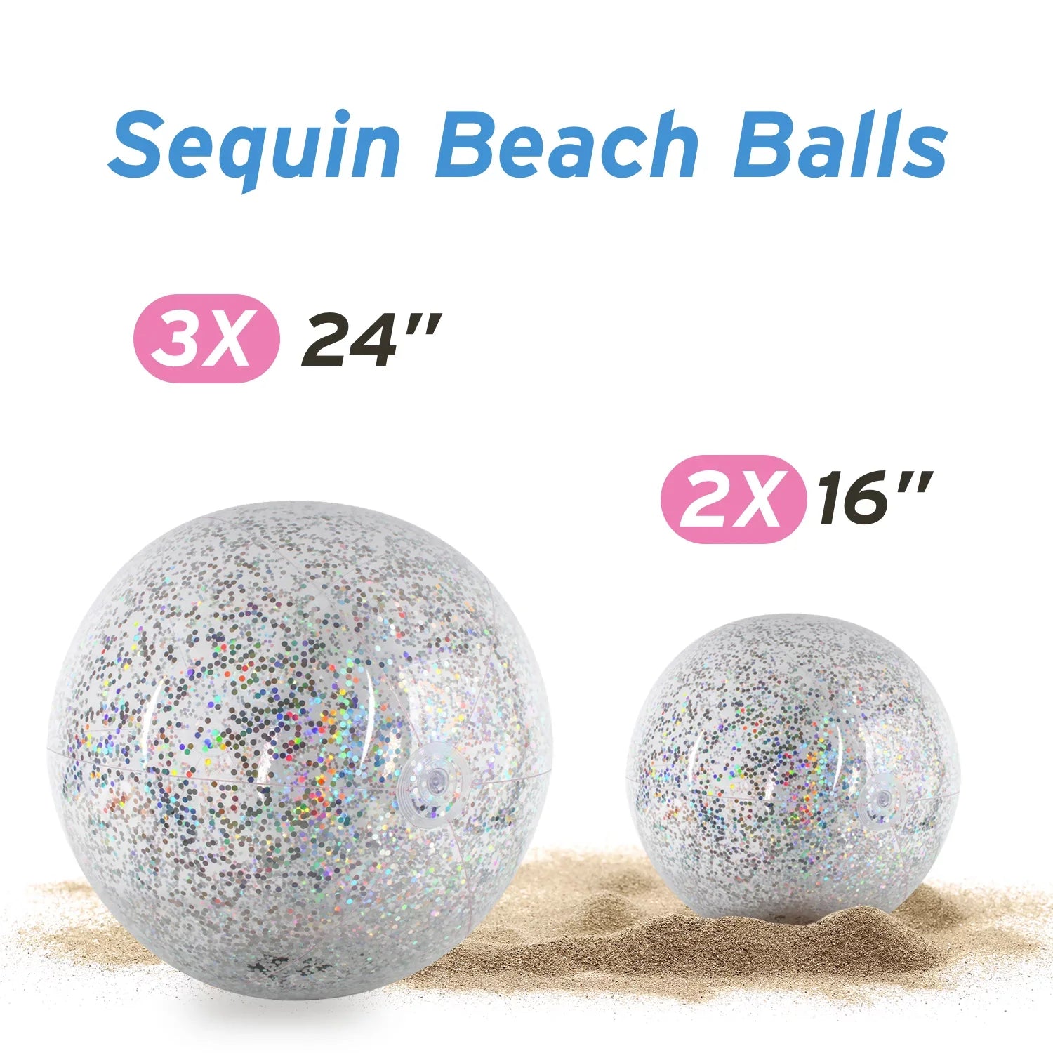 Junipel Inflatable Beach Glitter Ball with Confetti 16 & 24 Inch Premium Beach Theme Water Sand Toy for Beach Party Decoration, Pool Party Supplies Summer Beach Balls -Set of 6 |