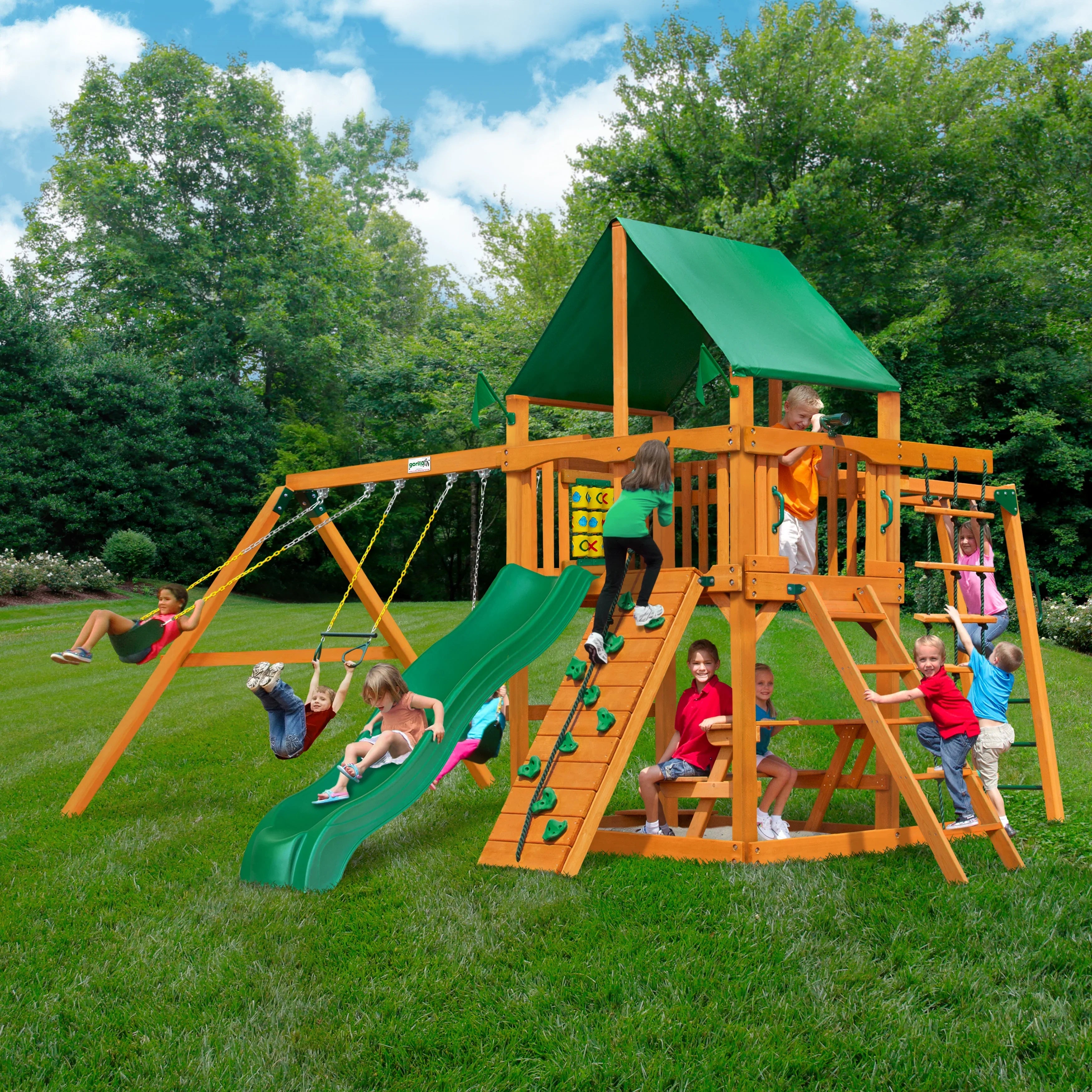 Gorilla Playsets Navigator Wooden Swing Set with Green Vinyl Canopy, Monkey Bars, and Rock Climbing Wall