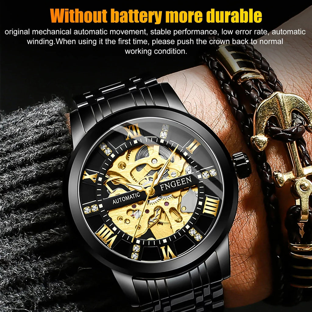 FNGEEN Men's Automatic Mechanical Stainless Steel Retro Luxury Hollow Dial Watch