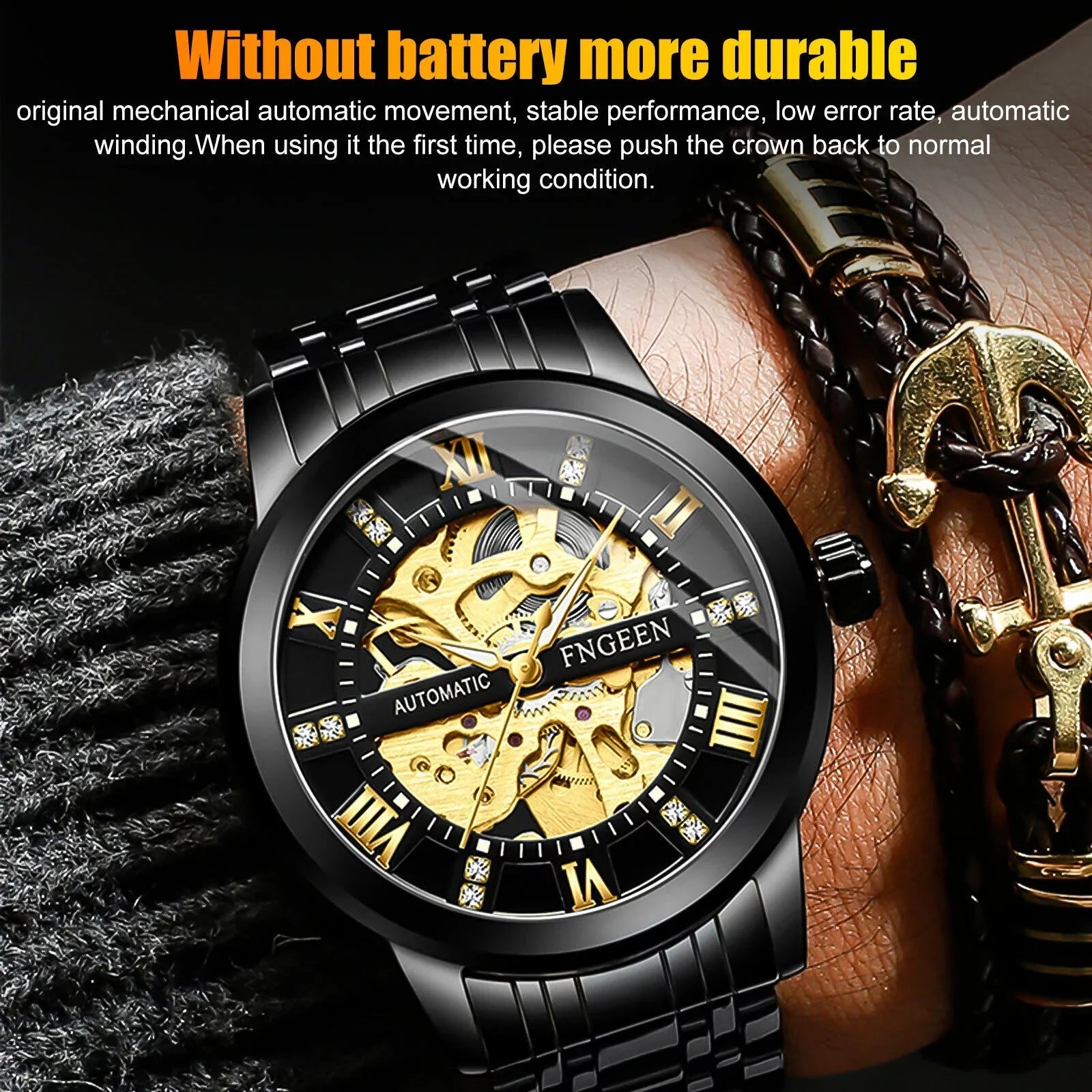 FNGEEN Men's Automatic Mechanical Stainless Steel Retro Luxury Hollow Dial Watch