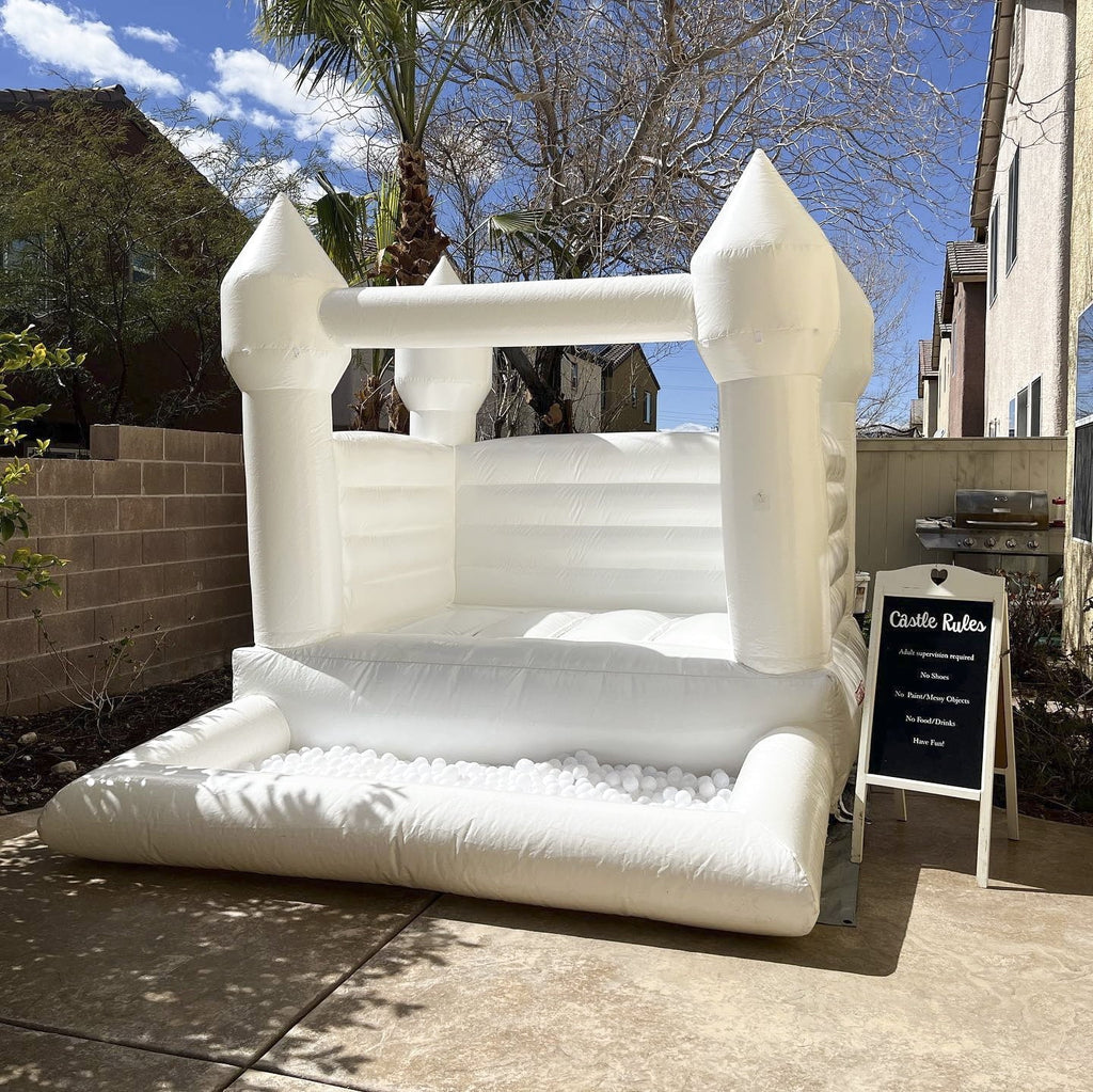 Connsann White Bounce House Commericial Grade PVC Jump Castle with Blower & Ball Pit for Kids Outdoor Indoor Party