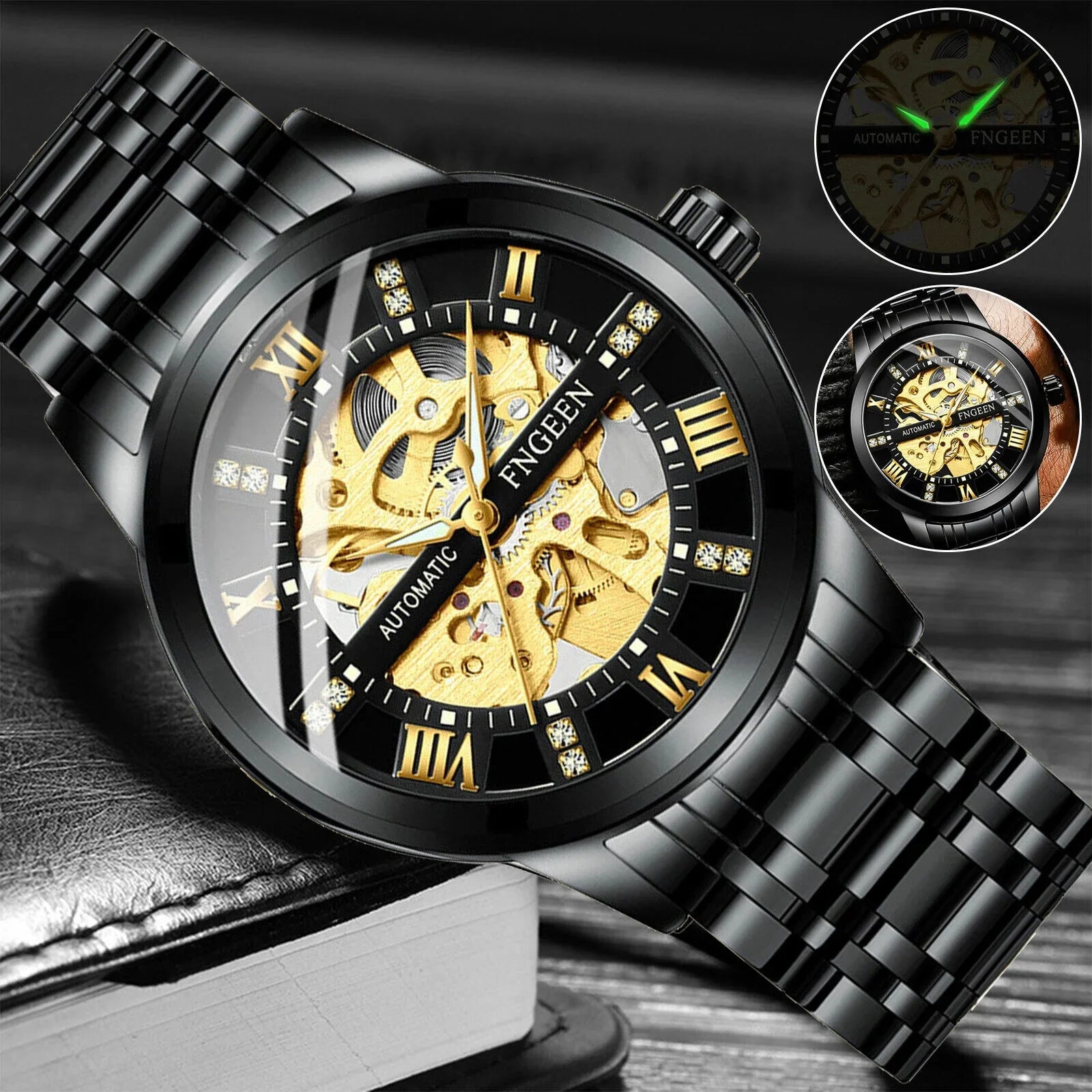 FNGEEN Men's Automatic Mechanical Stainless Steel Retro Luxury Hollow Dial Watch