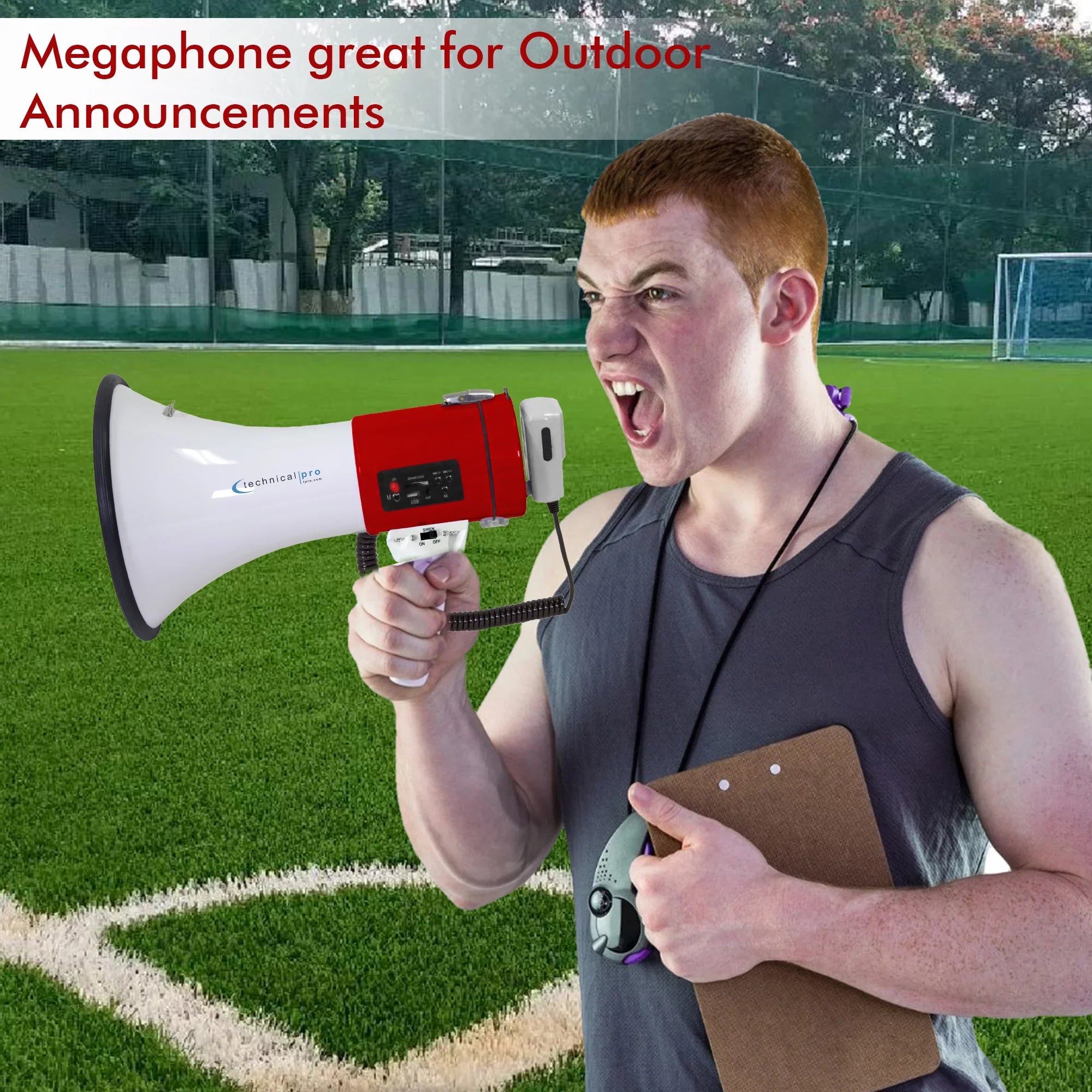 Technical Pro 75-Watt Red Megaphone Bullhorn Speaker w/ Siren, Detachable Microphone, Portable Lightweight Strap Detachable PA - Professional Outdoor Voice for Police And Cheer leading