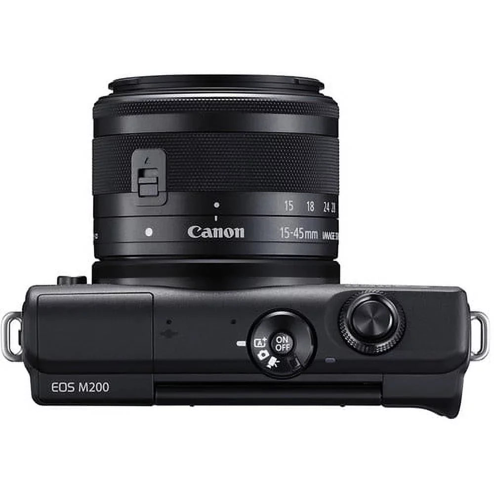 Restored Canon EOS M200 Mirrorless Digital Camera with 15-45mm Lens (Black) (3699C009) + 64GB Memory Card + Case + Card Reader + Flex Tripod + Hand Strap + Cap Keeper + Memory Wallet + Cleaning Kit (Refurbished)